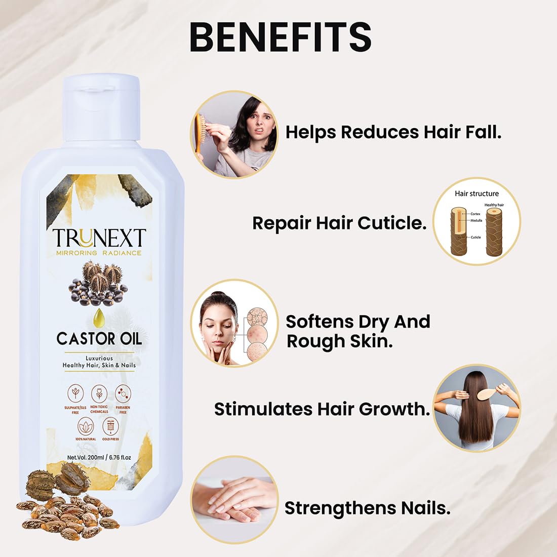 TRUNEXT Pure Cold Pressed Castor Oil for Hair Growth, Skin & Nails - 100% Natural Moisturizer & Treatment - 200ml - Perfect for Hair Care, Eyelash Growth & Dry Skin Relief
