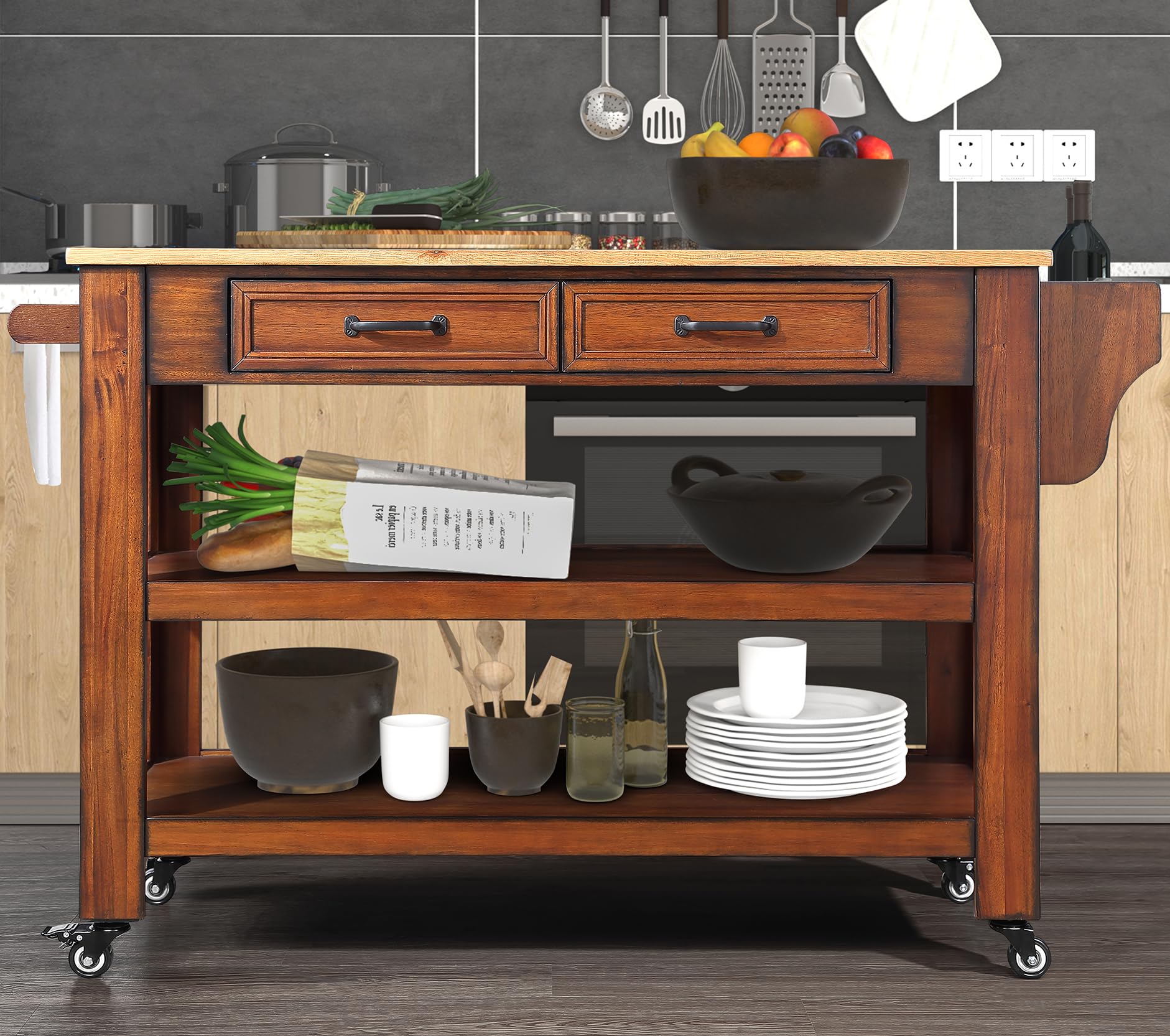 57 Inch Solid Oak Wood Kitchen Island Cart with 2 Drawers & Storage Shelves - Rolling Kitchen Cart with Wine Rack & Spice Organizer - Perfect for Small Kitchens, Dining Rooms & Home Bars (Walnut Finish)