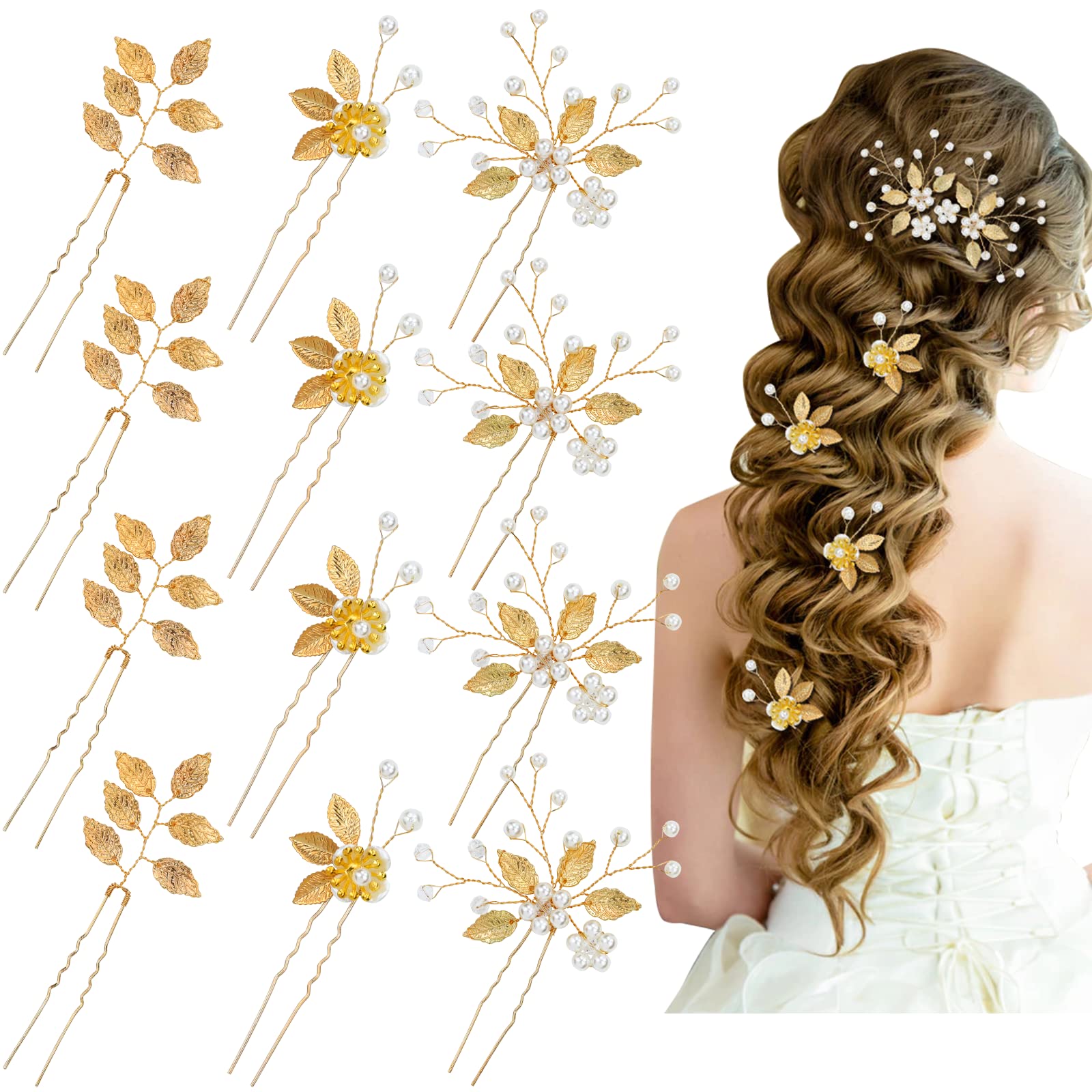 12 Pack Gold Hair Pins with Leaf Flower & Pearls - Elegant Bridal Hair Clips for Weddings, Prom, Parties - Perfect for Brides, Bridesmaids & Flower Girls