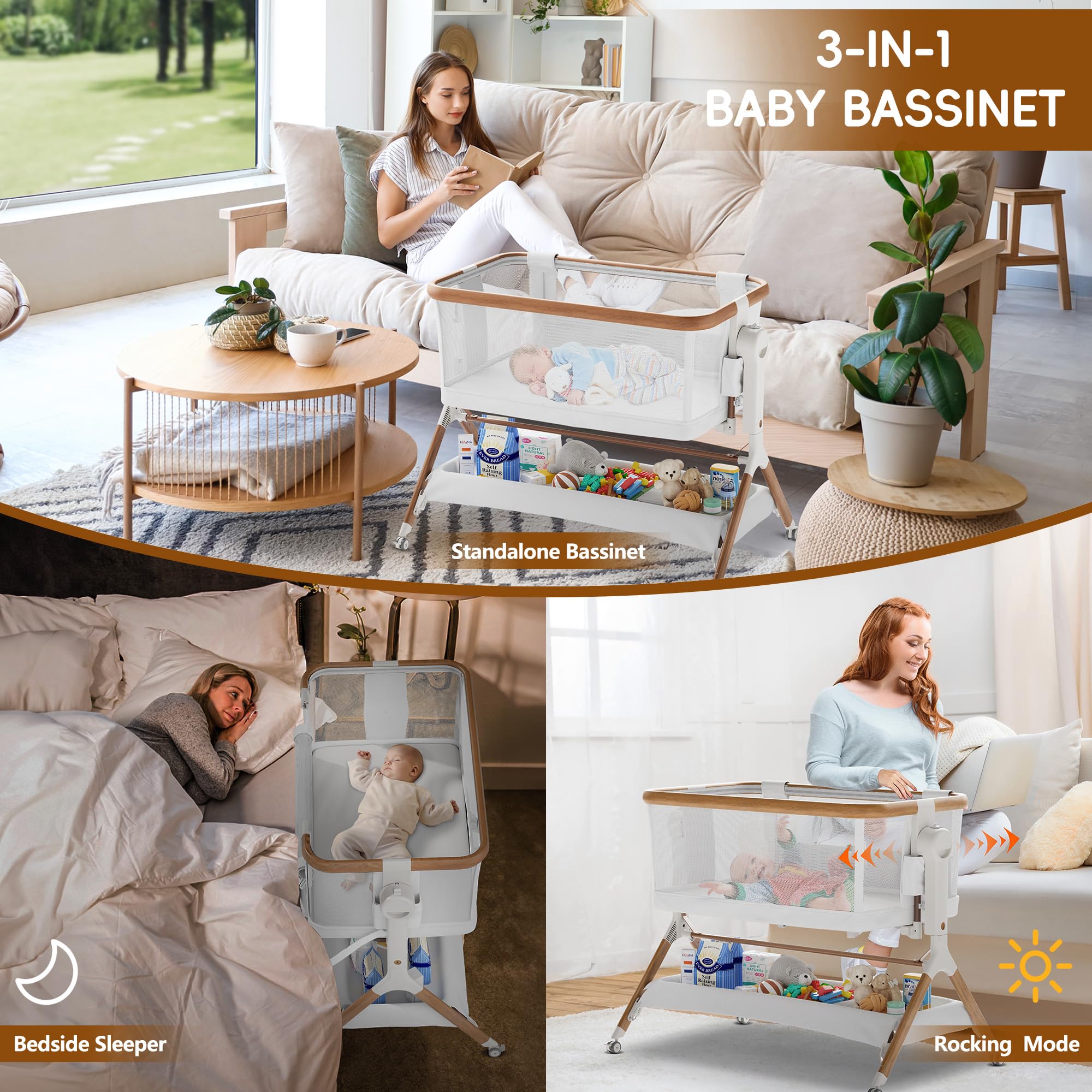 **3-in-1 Adjustable Baby Bassinet with Breathable Mesh & Wheels – Portable Rocking Crib for Newborns, Bedside Sleeper with 6 Height Settings – Perfect for Nursery, Travel & Co-Sleeping**