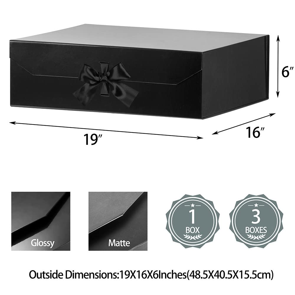 Extra Large Black Gift Box 19x16x6 Inches - Premium Magnetic Closure Wedding Gift Box with Ribbon - Perfect for Groomsman Proposals, Wedding Dresses & Special Occasions (Glossy Black)