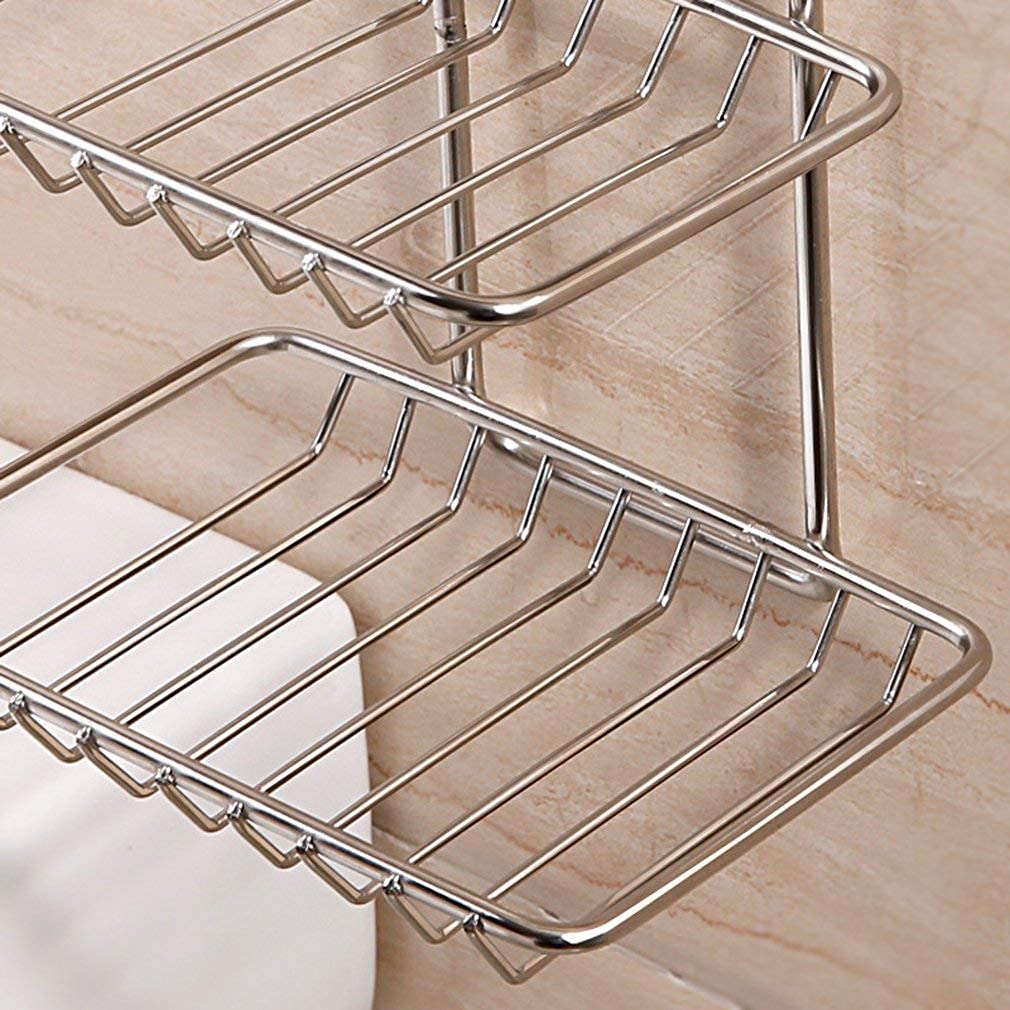Stainless Steel Wall Mounted Double Layer Soap Dish Holder - Rustproof Bathroom & Kitchen Soap Storage Rack with Self-Adhesive Sticker (Silver) - Perfect for Shower, Sink Countertop, and Vanity Organization