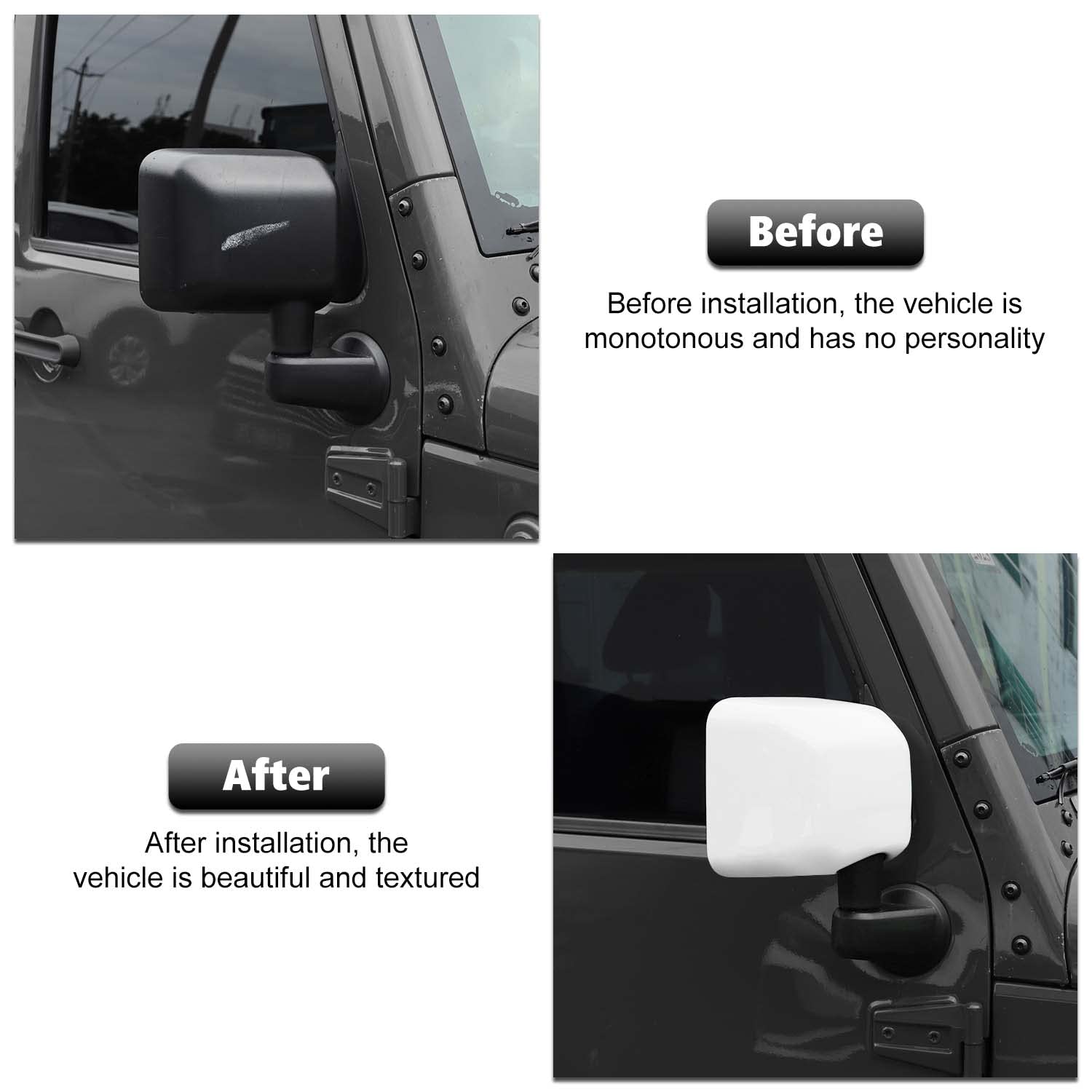 Jeep Wrangler JK JKU 2007-2017 Rearview Mirror Cover Trim Shell Kit - White Exterior Mirror Decoration Accessories | Upgrade Your Ride's Style for Off-Road Adventures & Daily Commutes