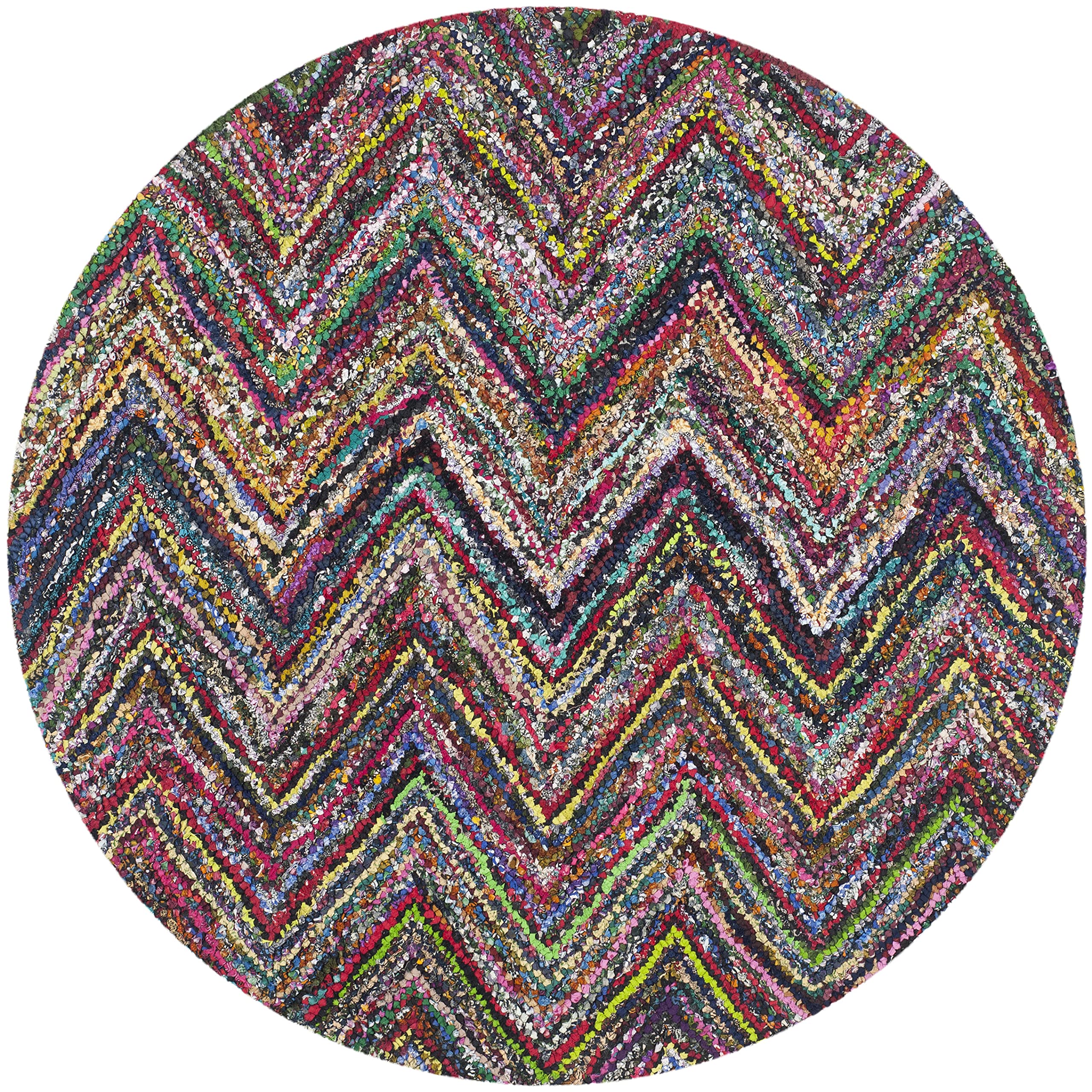 SAFAVIEH Nantucket Collection 8' Round Blue Multi Handmade Modern Abstract Chevron Cotton Area Rug - Perfect for Living Room, Bedroom & Home Decor
