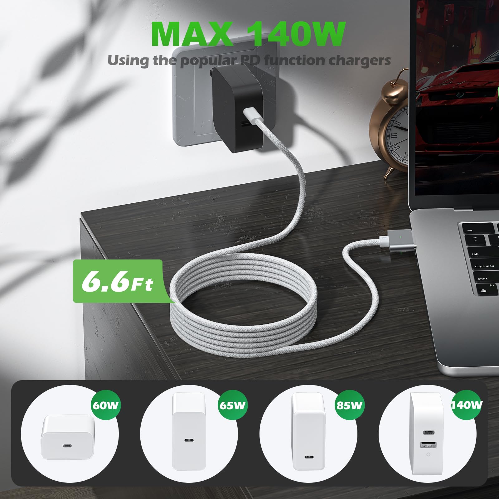140W USB-C to Magnetic 3 Fast Charging Cable (6.6ft) - Safe & Durable Charger Cord for MacBook Pro 14/16-inch (2021-2023) & MacBook Air 13/15-inch (2022-2024) - Perfect for Home, Office & Travel Charging