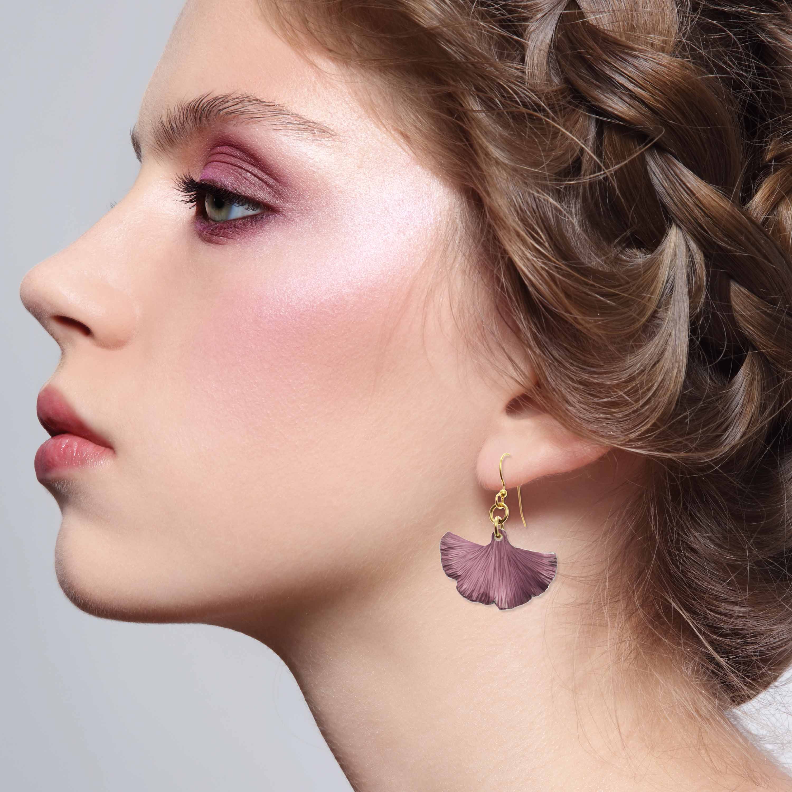 Small Mauve Ginkgo Leaf Anodized Aluminum Purple Earrings - Lightweight Dainty Stud Earrings for Women, Trendy Botanical Jewelry Gift for Her - Perfect for Everyday Wear, Office, Date Night & Special Occasions