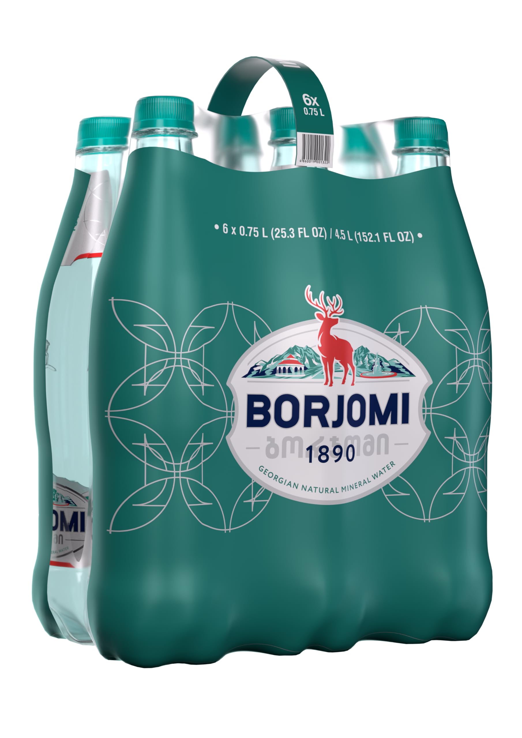 Borjomi Sparkling Natural Mineral Water - 25.3 Fl Oz (750ml) Plastic Bottles, Pack of 6 | Georgian Alkaline Spring Water | Perfect for Hydration, Detox & Healthy Lifestyle