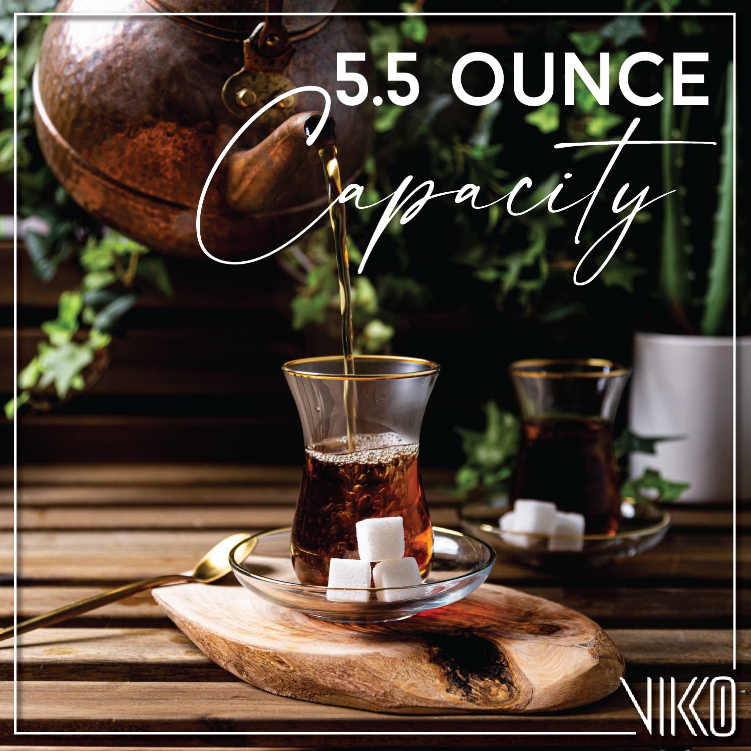 Vikko Turkish Tea Glasses & Saucers Set - 6 Clear Glass Tea Cups with Gold Accents (5.5 Oz Each) & 6 Matching Plates - Authentic Turkish Tea Set for Home, Cafe or Gift