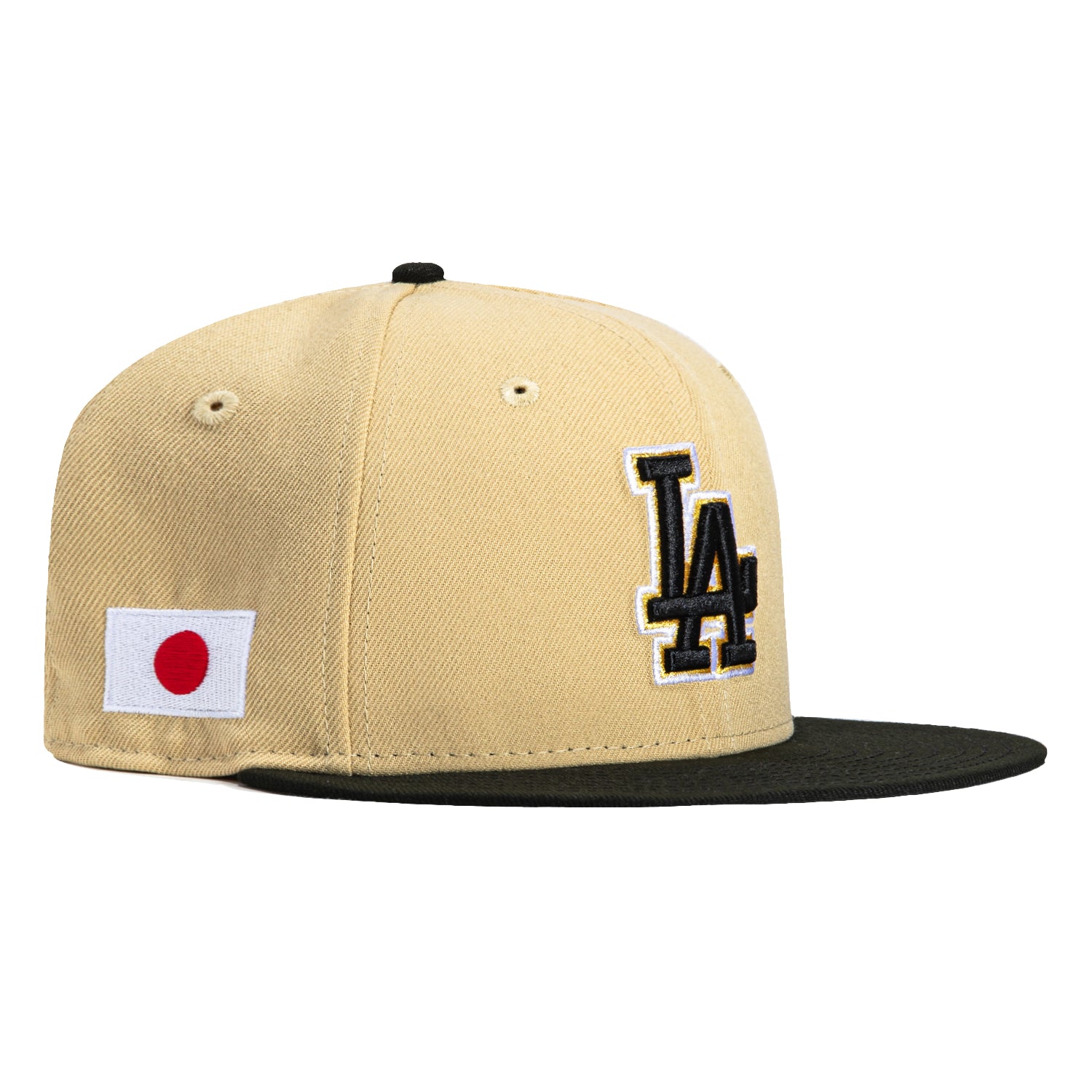 New Era 59Fifty Los Angeles Dodgers Japan Flag Patch Snapback Hat - Tan, Black & Metallic Gold - Official MLB Baseball Cap for Fans & Streetwear Fashion