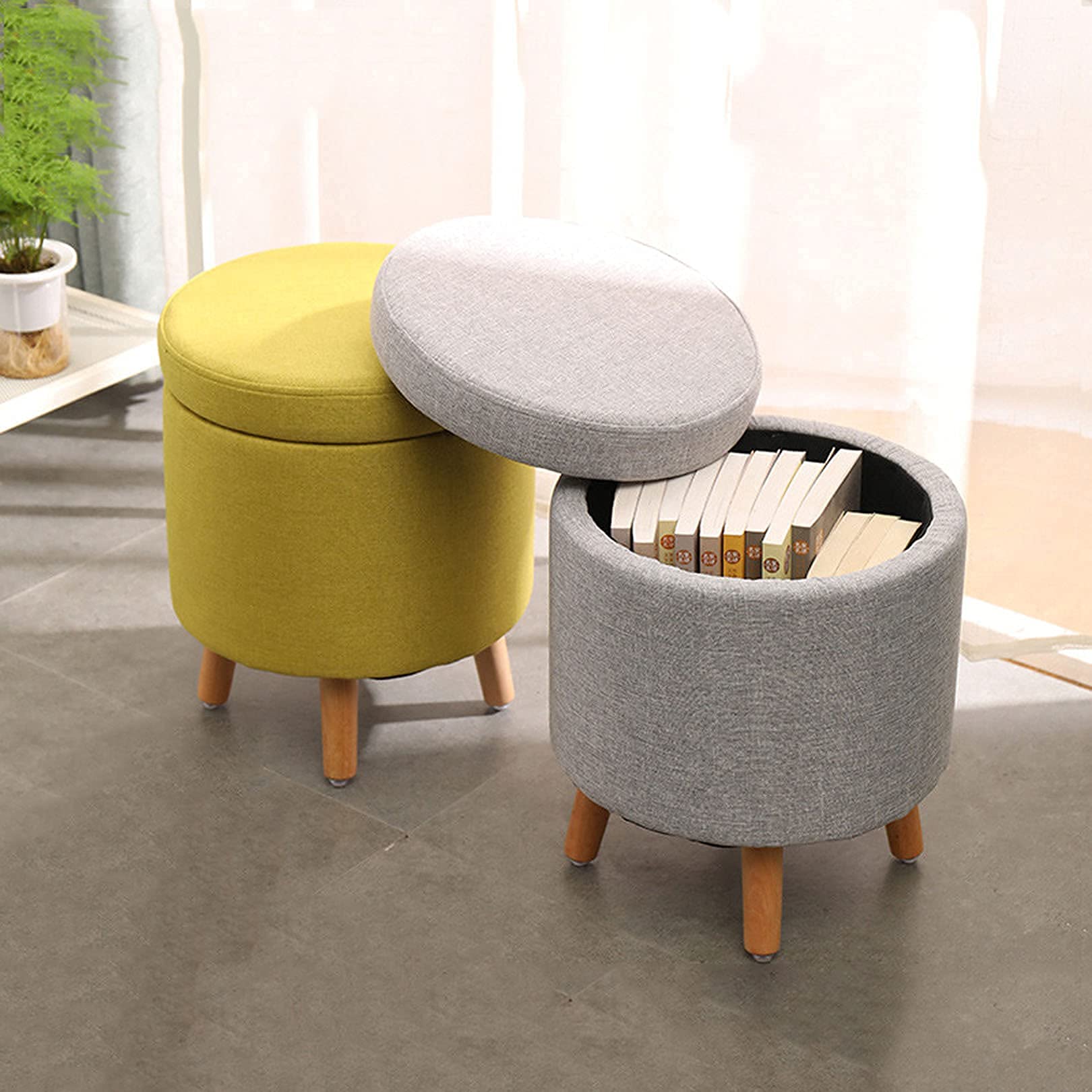 CHEWYNP Wooden Leg Footstool - Round Upholstered Storage Ottoman with Removable Washable Cotton Linen Cover, Grey (32cm x 40cm) - Perfect for Living Room, Bedroom & Home Decor