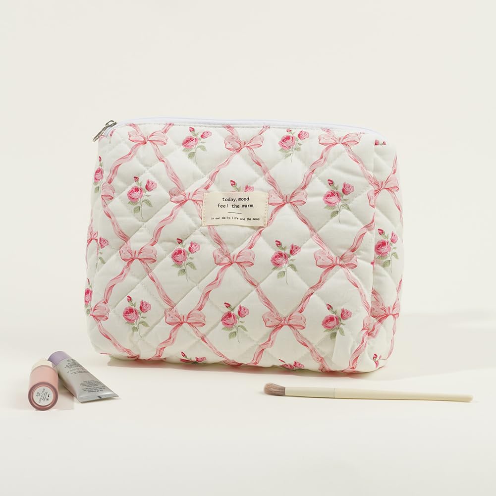 Floral Cotton Makeup Bag - Quilted Cosmetic Pouch for Travel & Storage