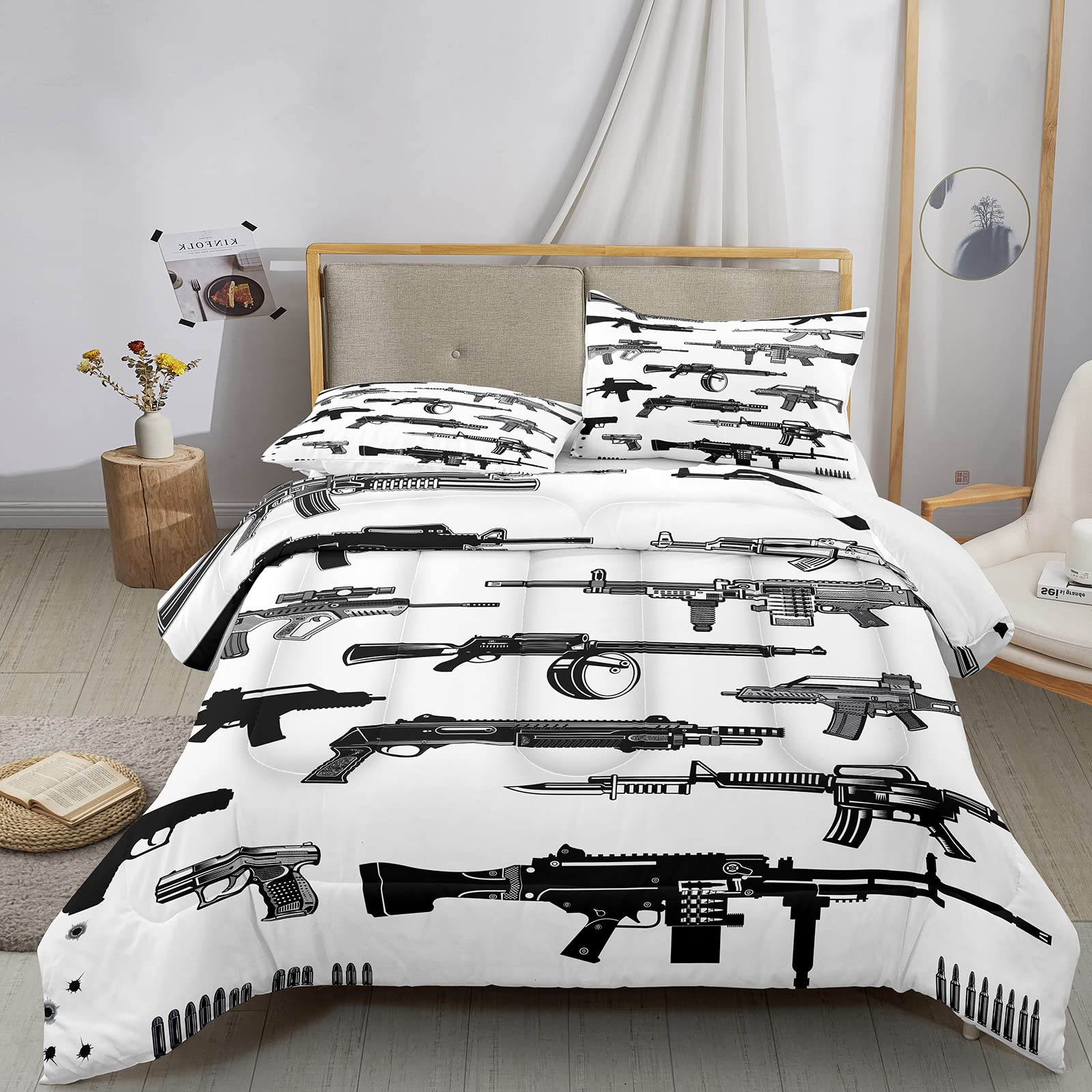 Bodhi Guns Comforter Set Twin Size for Kids Boys Teens - 3D Guns Print Comforter with Matching Pillowcase, Rifle Shotgun Design Bedding Set (1 Comforter + 1 Pillowcase) #4001 - Perfect for Boys' Bedroom, Teen Room Decor, and Gift for Gun Enthusiasts