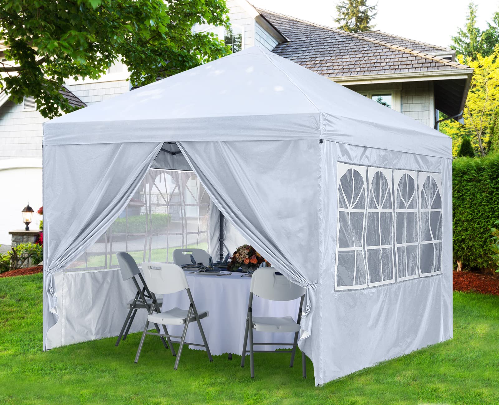 10x10 Pop Up Canopy Tent with Zippered Side Walls & Church Windows - Portable Instant Shelter for Outdoor Events, Parties, Camping - Includes 4 Weight Bags (White) | ABCCANOPY Weatherproof Gazebo for Backyard, Beach & Church Gatherings
