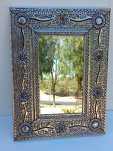 Handmade Mexican Punched Tin Mirror - Hacienda Style Folk Art Wall Decor for Living Room, Bedroom & Entryway