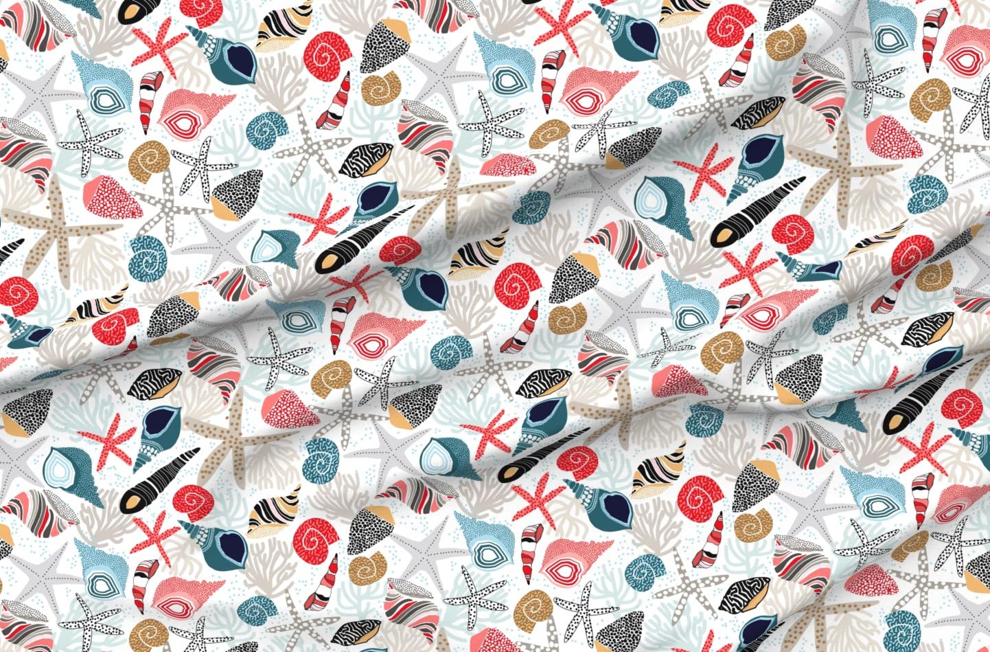 Premium Satin Fabric by The Yard - Island Sea Shells Print for Sewing, Apparel, Lining, Fashion, Blankets & Home Decor | Perfect for Beach-Themed DIY Projects & Coastal Interior Design