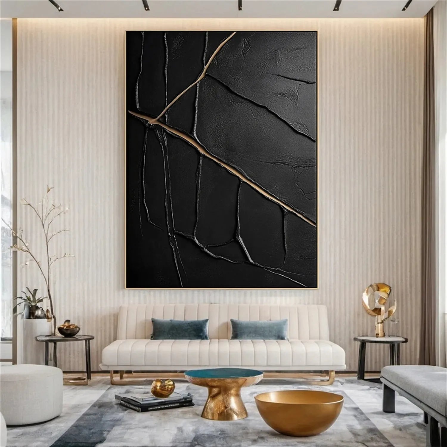 Black Gold Minimalist Textured Wall Art Painting #MZ137 - Modern Abstract Canvas Art for Living Room, Bedroom & Office Decor