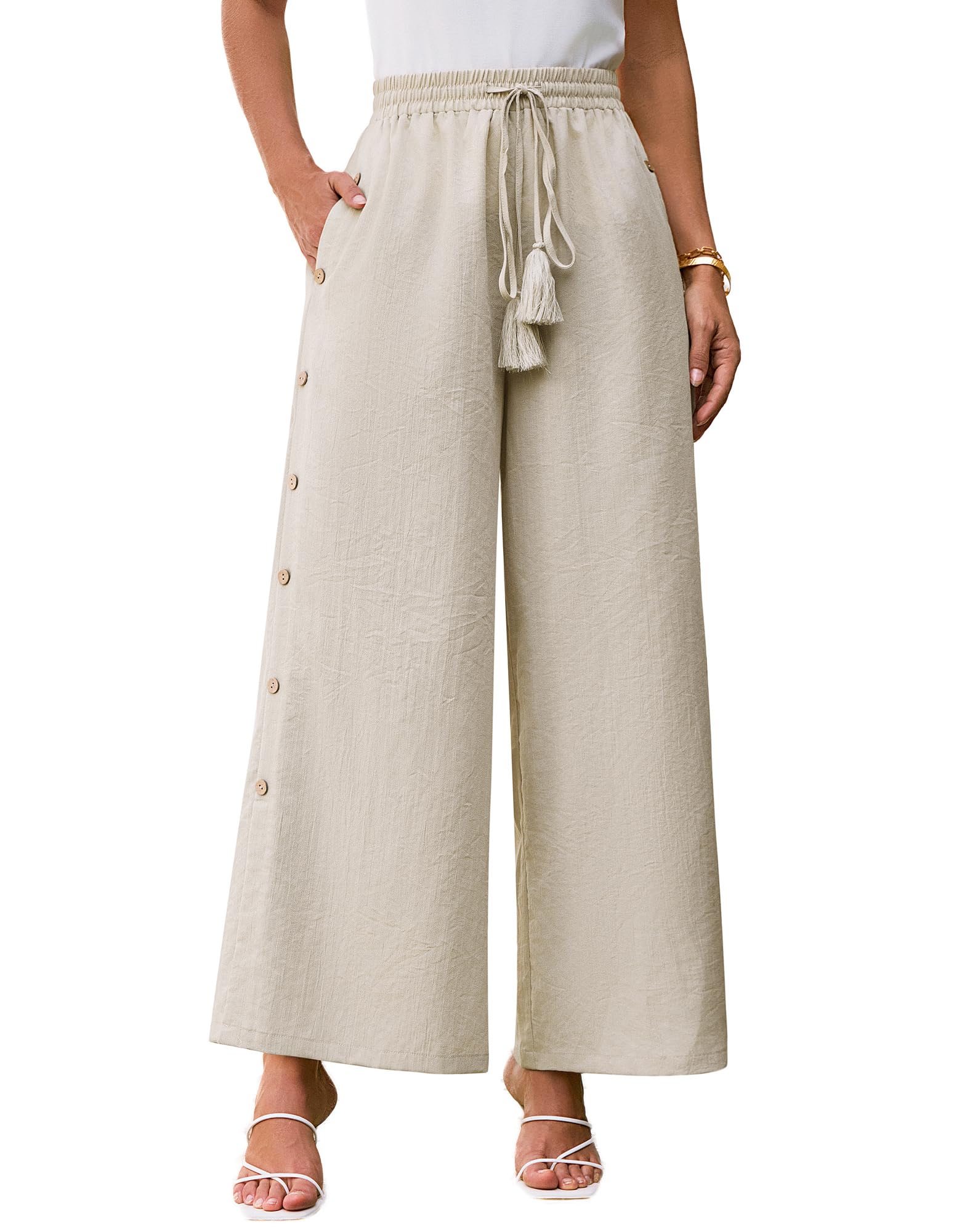 Grace Karin Women's Cotton Linen Palazzo Pants - Elastic Waist, Side Button Design for Lounge & Relaxed Fit