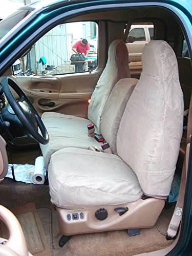 Premium Durafit Custom Seat Covers for Ford F150 - 40/60 Split High Back Front Seats in Tan Twill Fabric with Molded Headrests & Console Lid Opening | Includes Seat Belt & Latch Cutouts | Perfect for Truck Protection & Comfort During Commutes, Road Trips & Off-Road Adventures