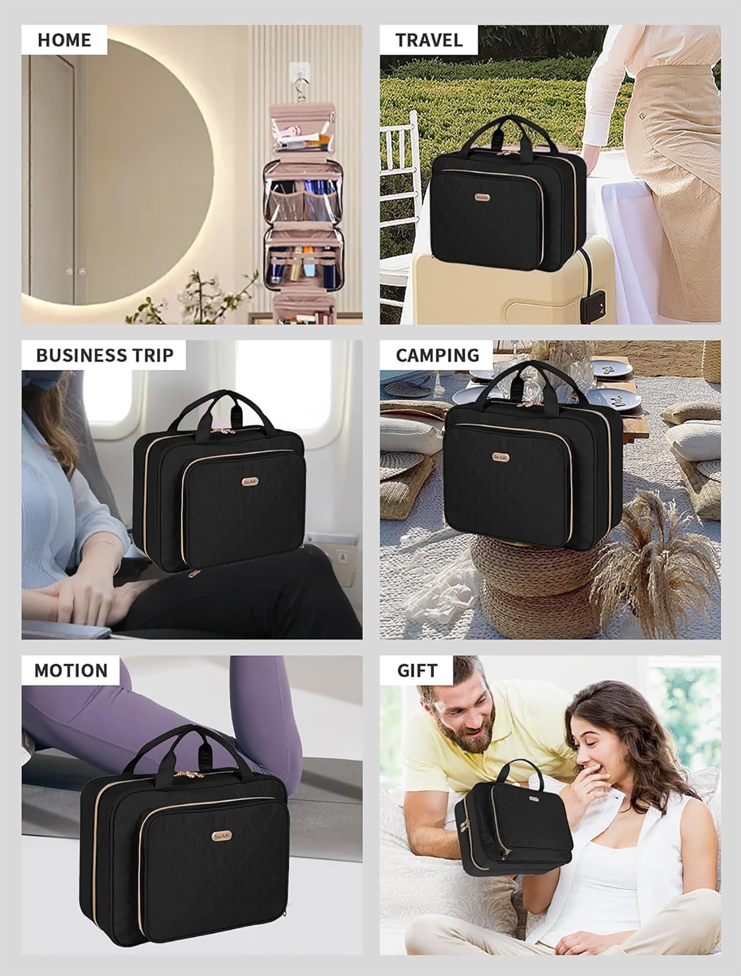 Waterproof Hanging Toiletry Bag for Travel - Black Cosmetic Organizer with Hook for Shampoo, Full-Sized Toiletries & Makeup | Perfect for Airplane Carry-on, Gym, Camping & Weekend Getaways