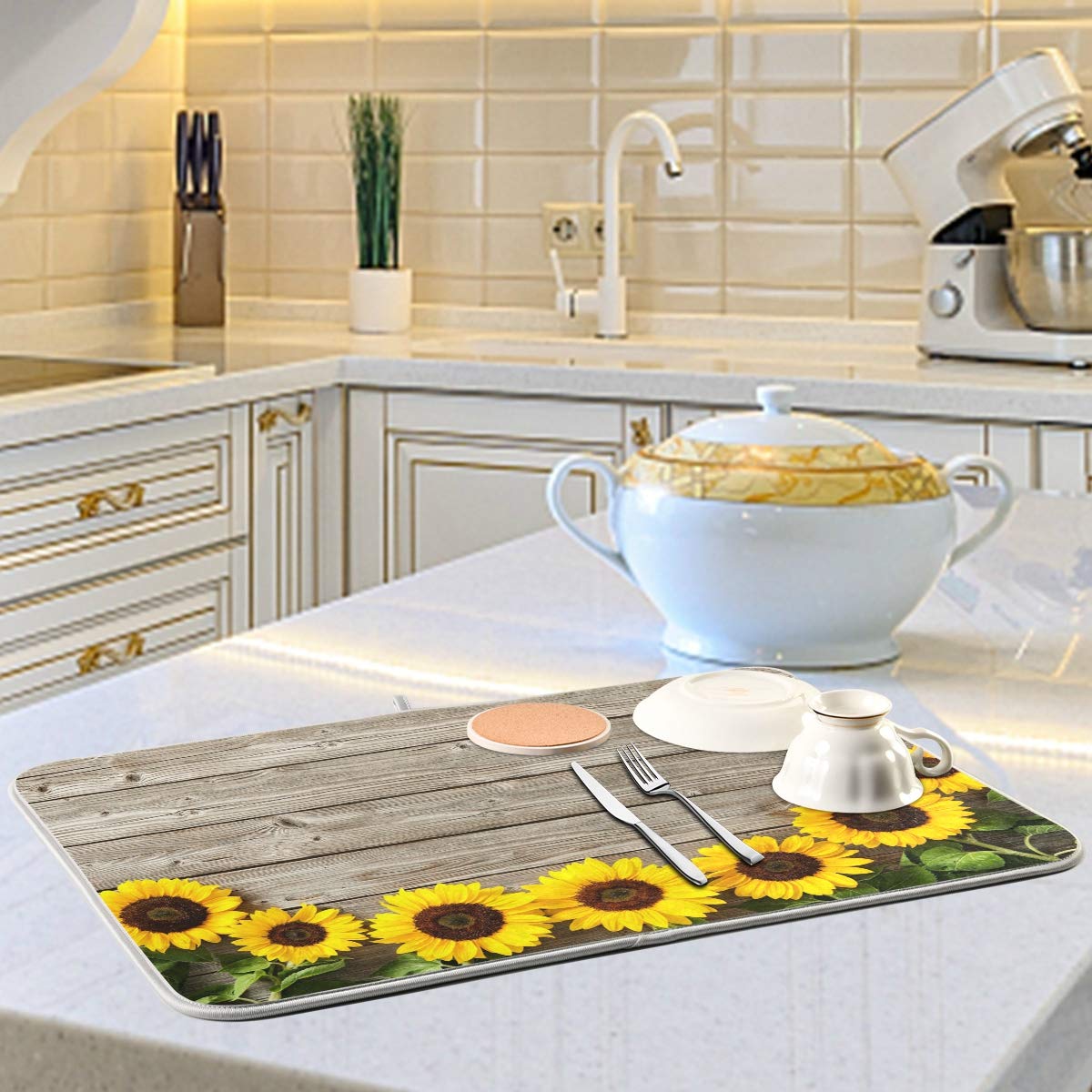 Sunflower Dish Drying Mat - Absorbent Microfiber Kitchen Pad 24x18