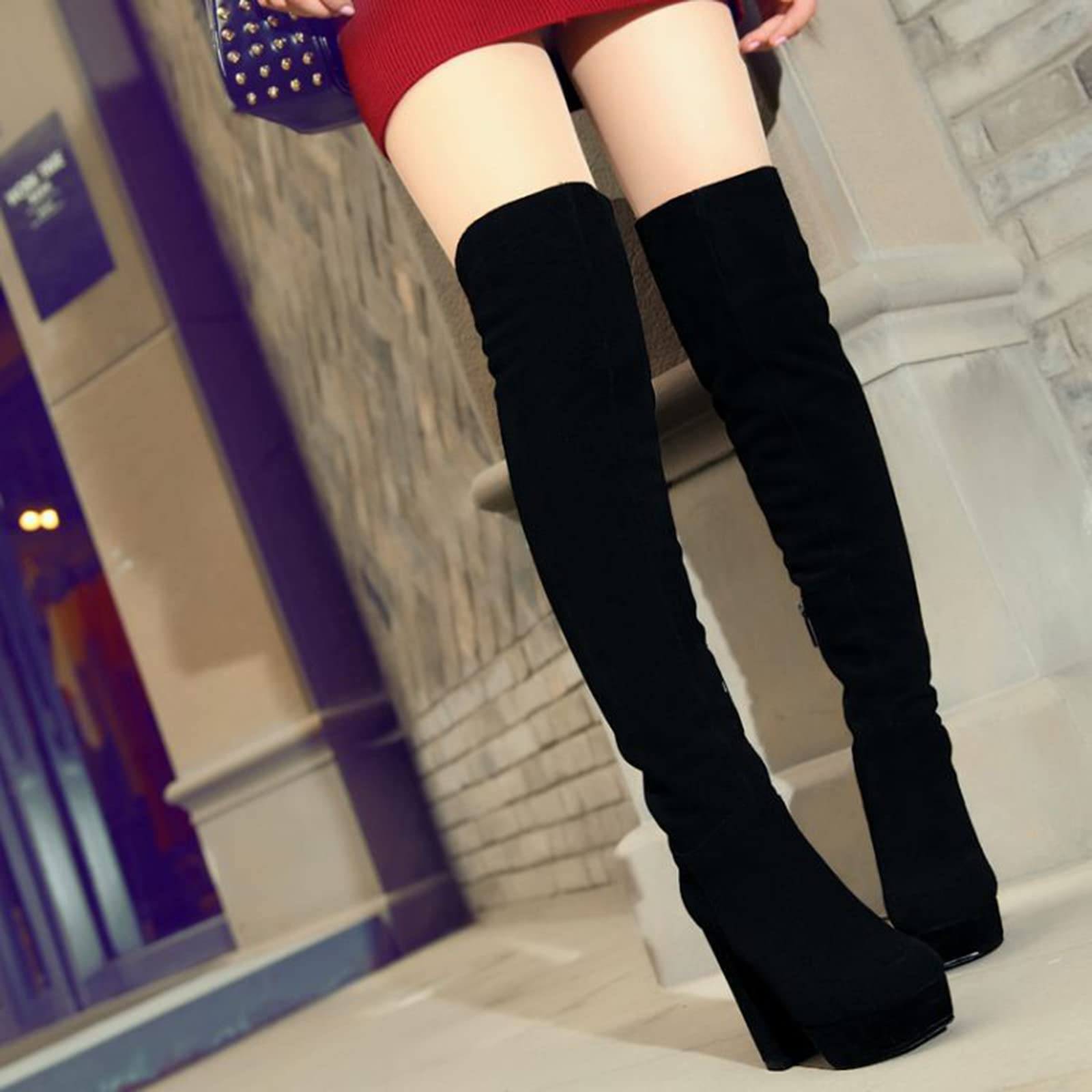 Genuine Leather Over-The-Knee Boots for Women - 11.5CM Chunky Heels, Nubuck Cowhide, Black Leg Trim - Perfect for Fall Fashion, Night Out & Winter Styling