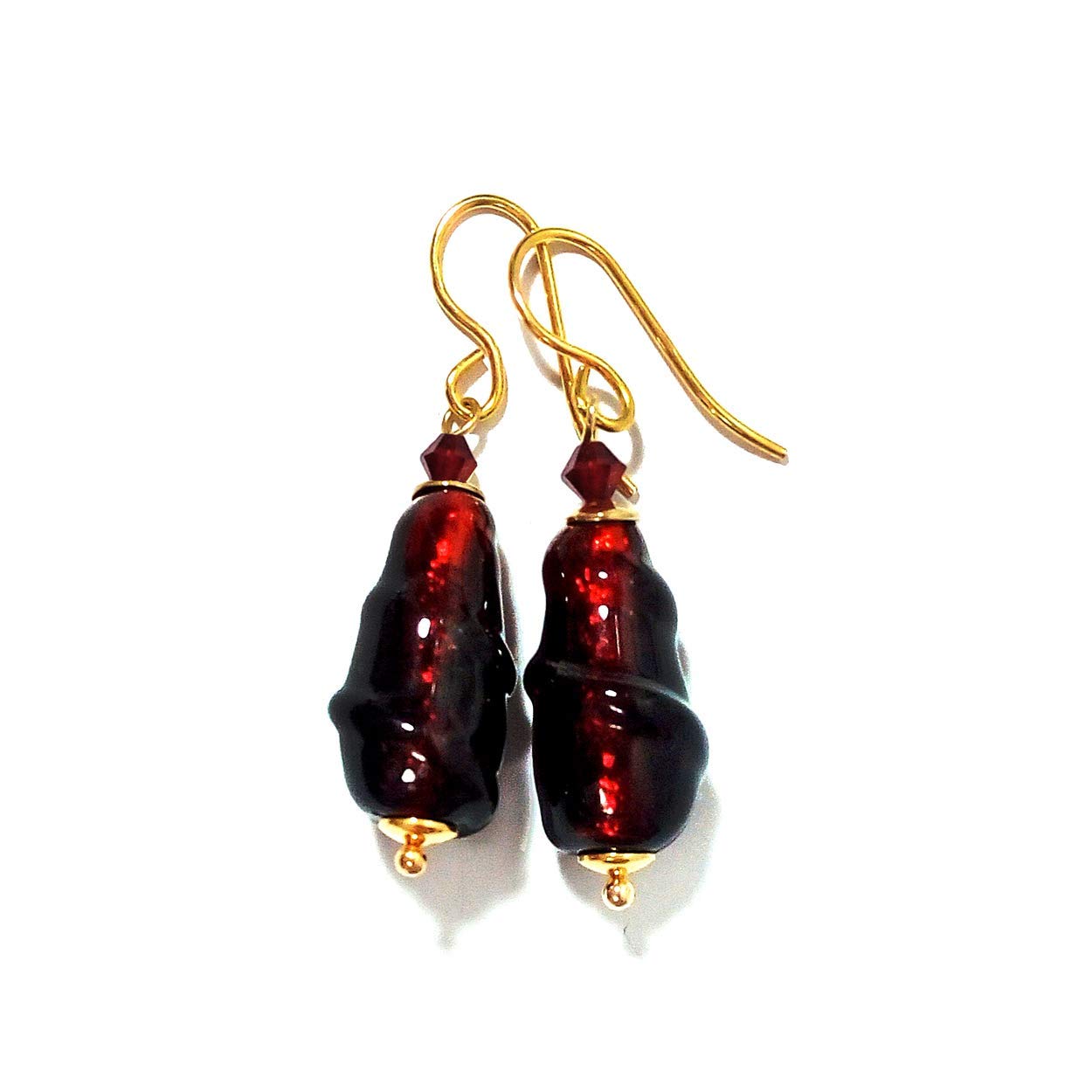 Handmade Murano Glass Earrings - Genuine Garnet Red Jewelry by I Love Murano | Elegant Italian Glass Dangle Earrings for Women, Perfect for Weddings, Parties & Special Occasions