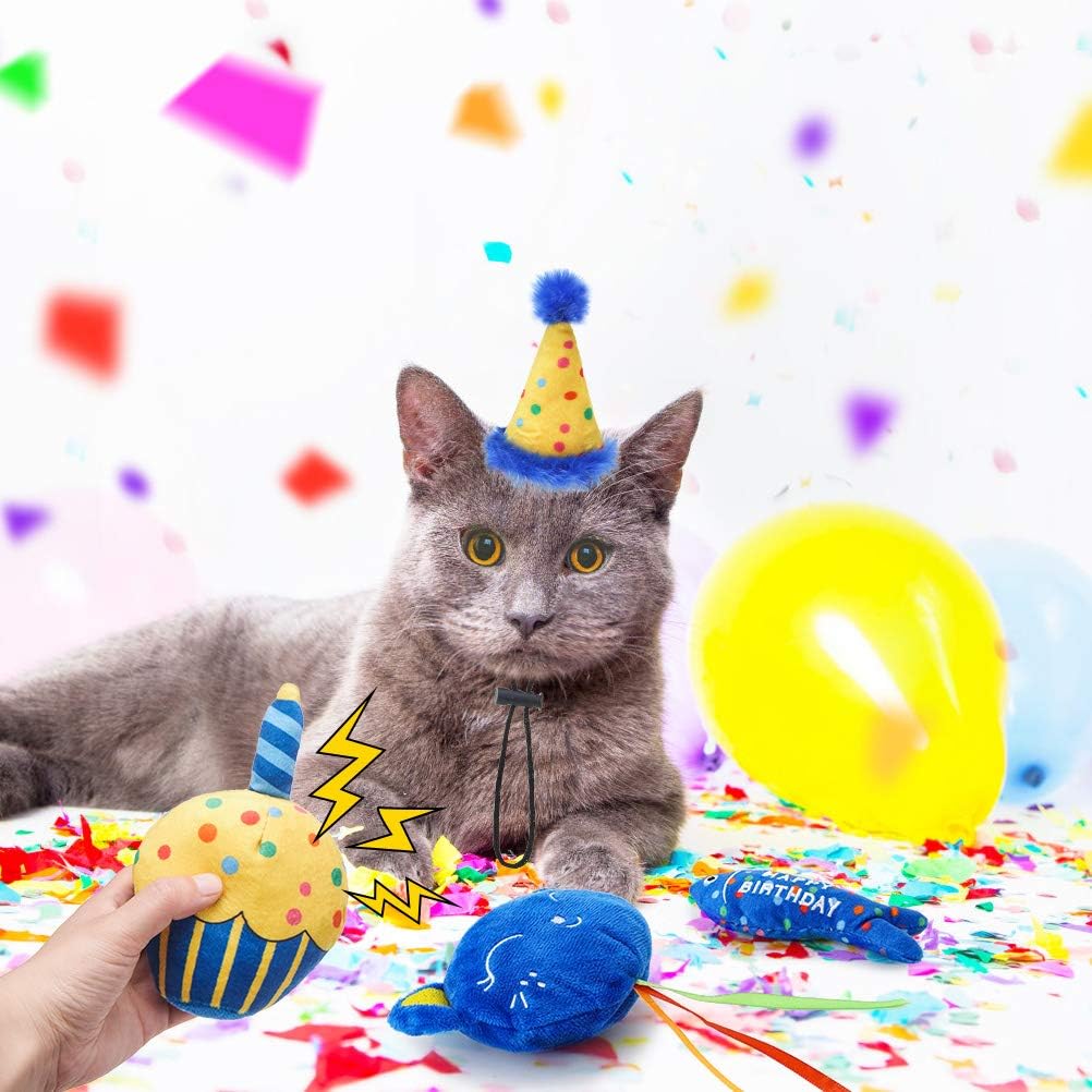 BINGPET Cat Birthday Party Set - Catnip Toys, Birthday Hat, Bandana & Cake Plush for Indoor Cats - Interactive Chew Toys with Crinkle Paper & Catnip (Blue) - Perfect for Birthday Celebrations & Playtime