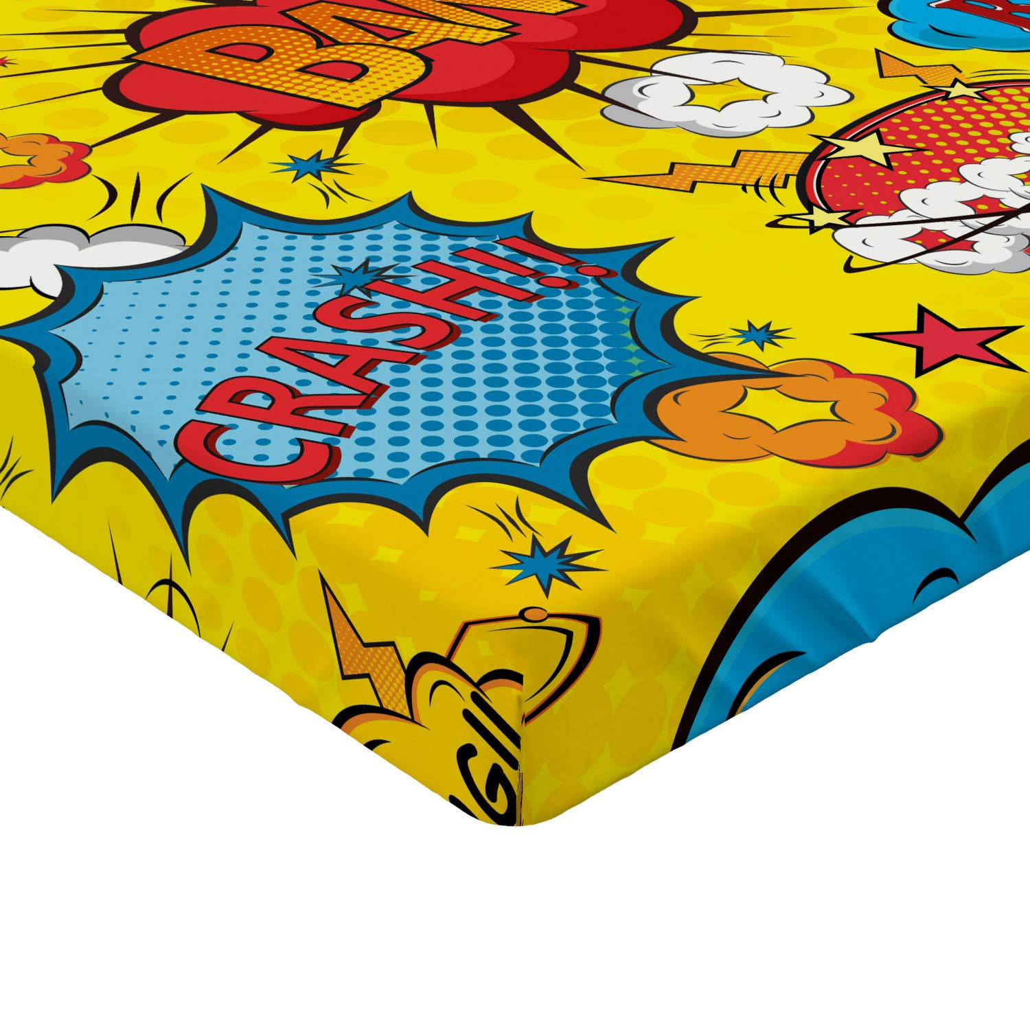 Lunarable Superhero Fitted Sheet - Vibrant Bang Boom Pow Comic Design with All-Around Elastic Deep Pocket | Queen Size Bed Cover for Ultimate Comfort | Perfect for Kids' Rooms, Superhero Themed Bedrooms & Comic Book Lovers