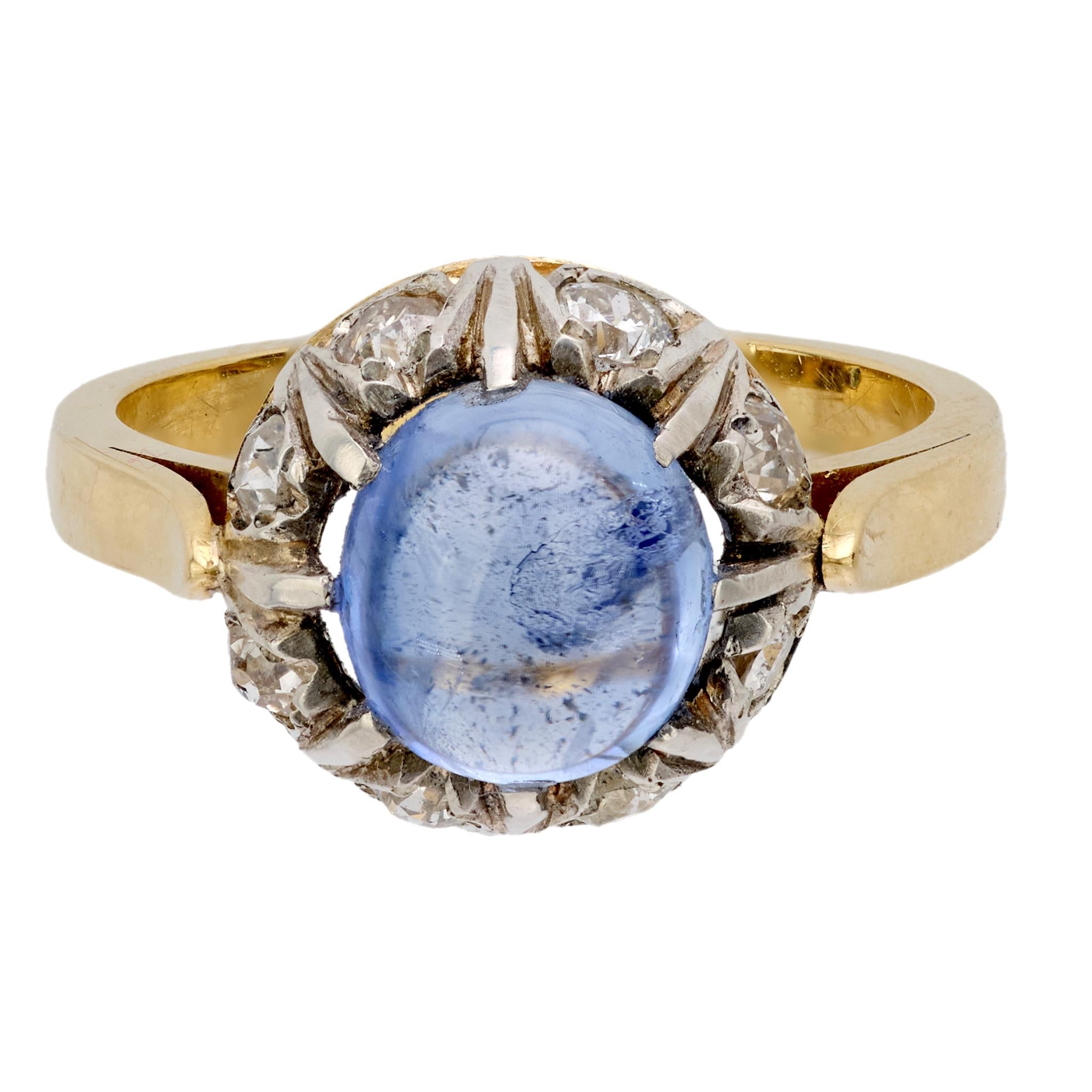 Edwardian Cabochon Cut Sapphire & Diamond 18K Yellow Gold & Platinum Ring – Vintage Elegance for Weddings & Special Occasions