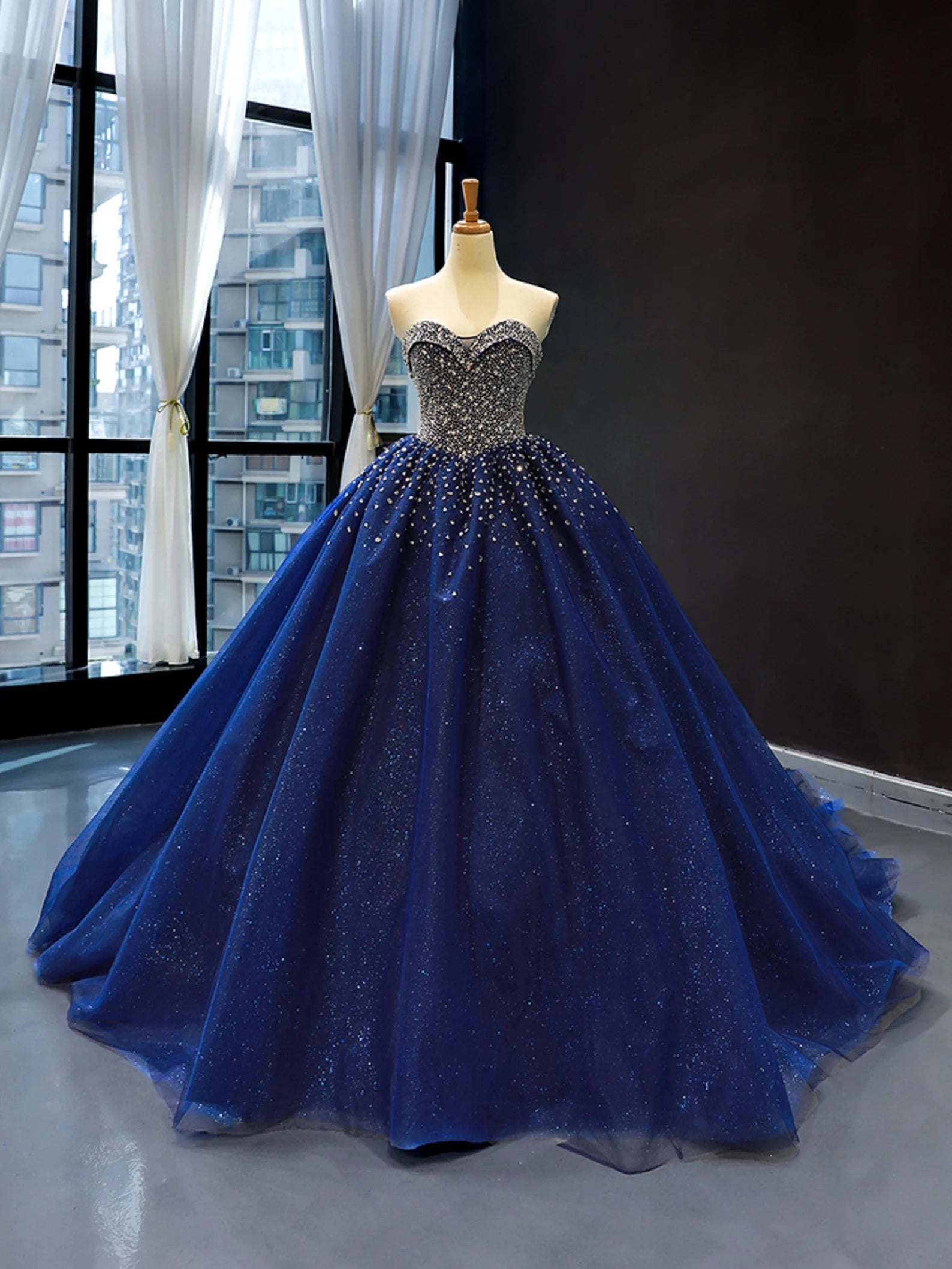2025 Navy Blue Crystal Sequined Quinceanera Dress - Elegant Ball Gown for Wedding, Prom & Special Occasions | Plus Size Options Available