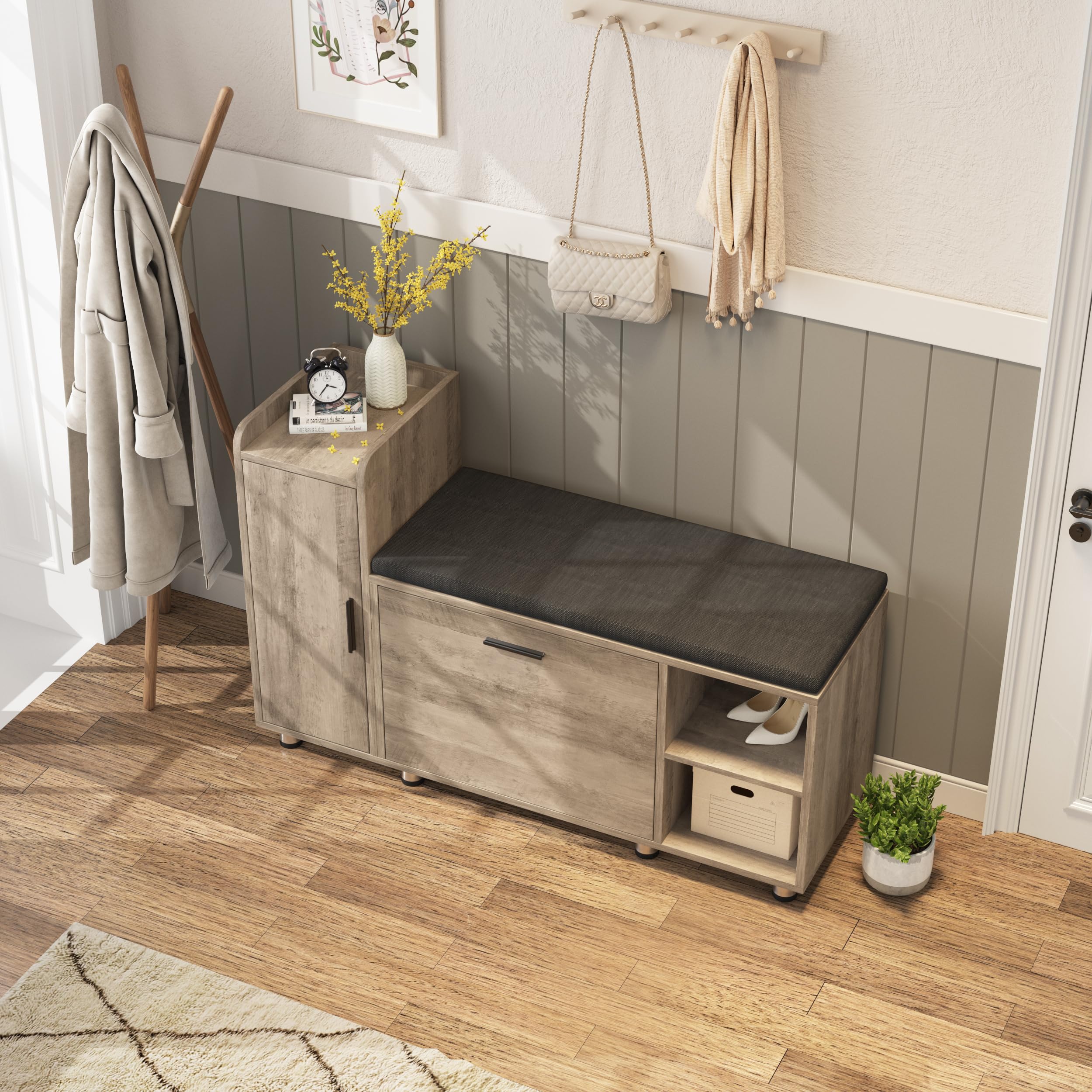 Maupvit Shoe Storage Bench with Flip Drawer Shoe Cabinet - 8 Height Adjustable Metal Feet, Entryway Bench with Removable Seat Cushion - Shoe Organizer for Hallway, Living Room & Bedroom - Washed Gray Modern Entry Furniture