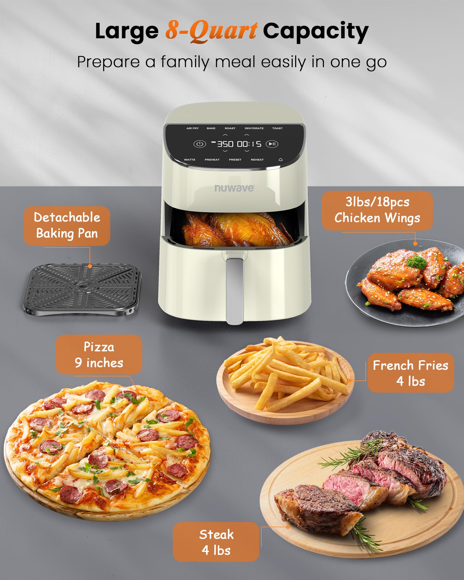 Nuwave Brio Plus 8 Qt Air Fryer - PFAS-Free, 7-in-1 Digital Cook Functions (Air Fry, Bake, Roast, Dehydrate, Toast, Reheat, Preheat), 150 Presets, 50°F-400°F, 1800W - Perfect for Healthy Cooking, Meal Prep & Family Dinners