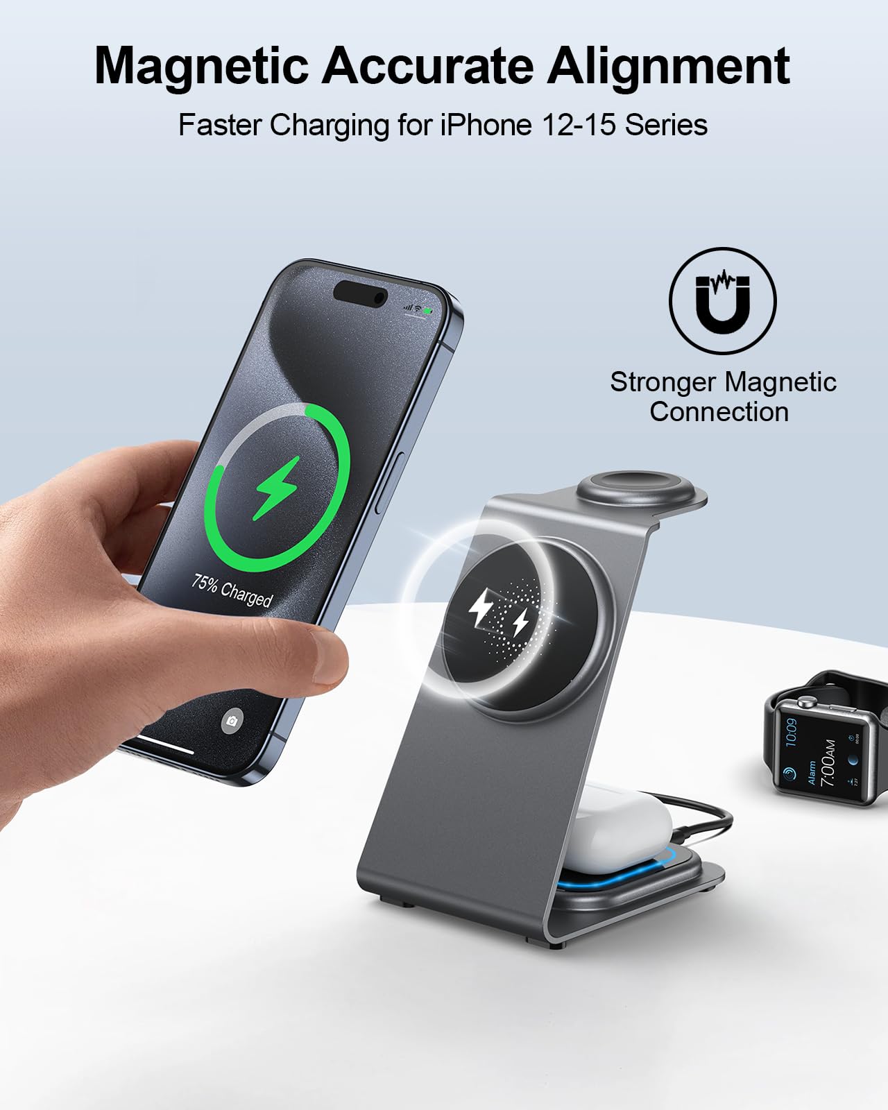3-in-1 Magnetic Wireless Charging Station for iPhone 16/15/14/13/12 Pro Max/Plus/Mini, Apple Watch 10/9/8/7/6/5/4/3/2/SE/Ultra & AirPods 2/3/4/Pro - Fast Charging Aluminum Alloy Stand - Perfect for Home, Office & Travel Accessories