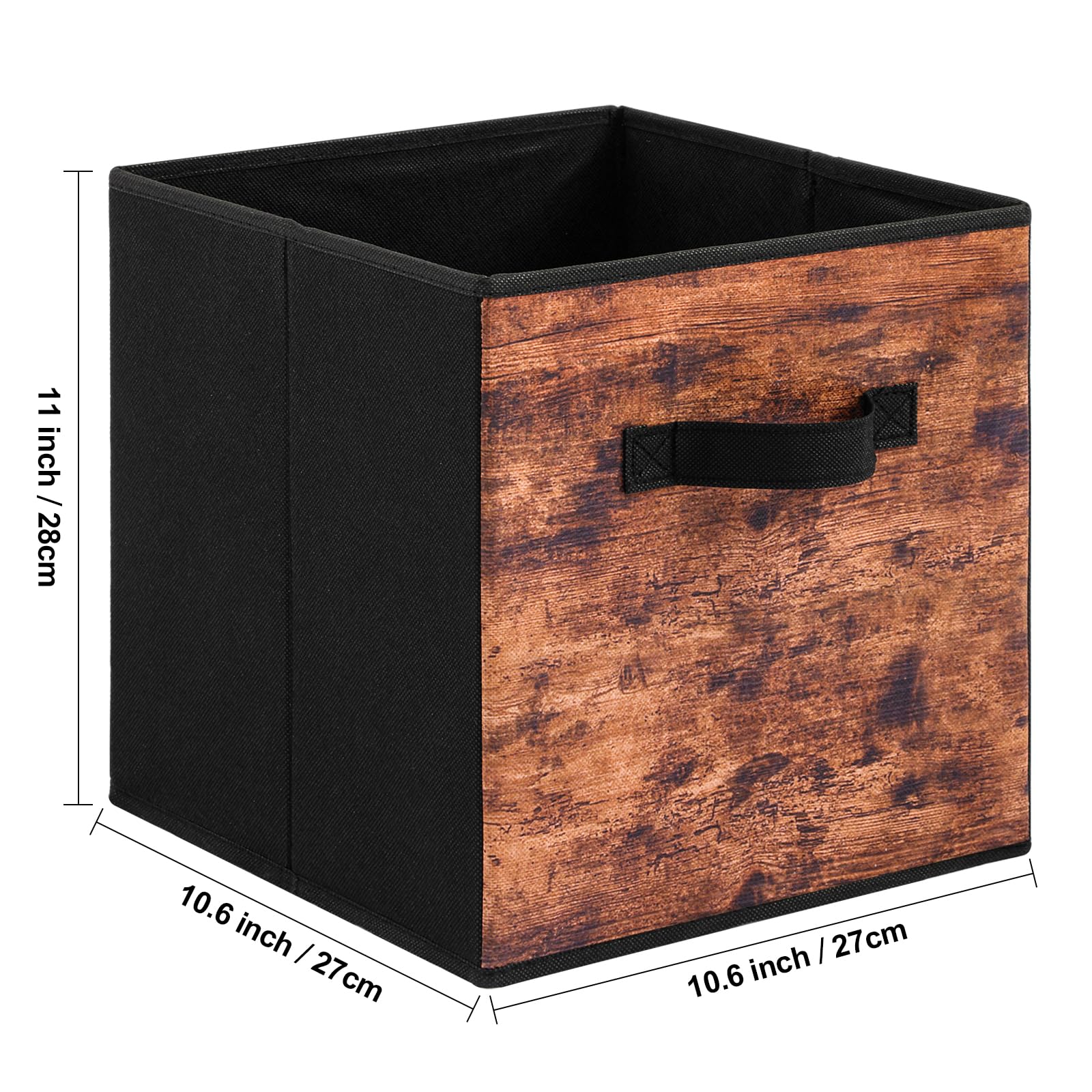 Stereo Fabric Storage Cubes, 6-Pack Foldable Closet Organizer Bins with Handles - 11 Inch Decorative Storage Baskets for Shelves, Bedroom, Nursery & Office - Rustic Brown & Black - Perfect for Home Organization & Small Space Storage