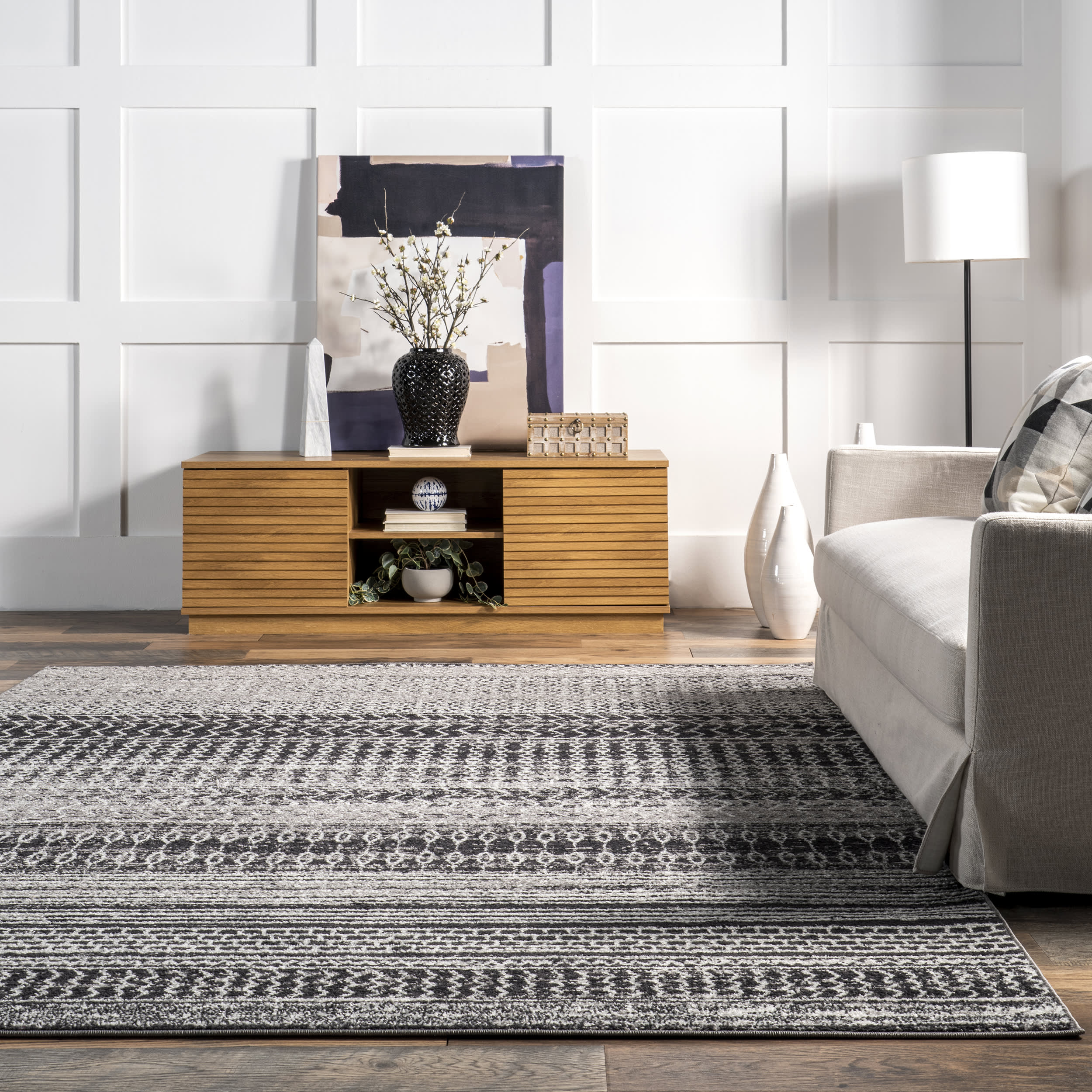 Stylish Banded Abacus & Stripes Area Rug in Dark Grey - Perfect for Living Room, Bedroom, or Office Decor