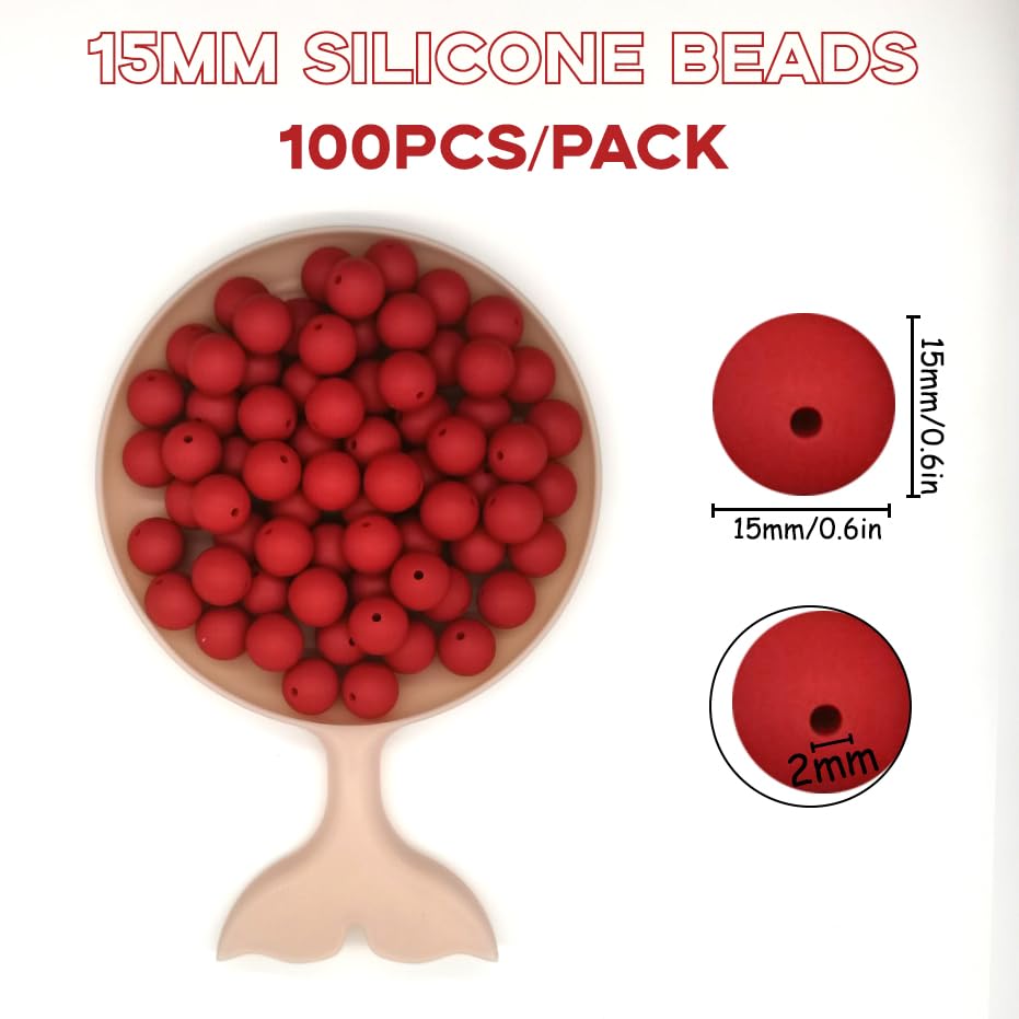 100 Pcs 15mm Red Silicone Beads Bulk - Loose Rubber Round Focal Beads for DIY Jewelry Making, Keychains, Pens, Necklaces, Bracelets & Lanyards - Perfect for Crafts, Gifts & Accessory Design