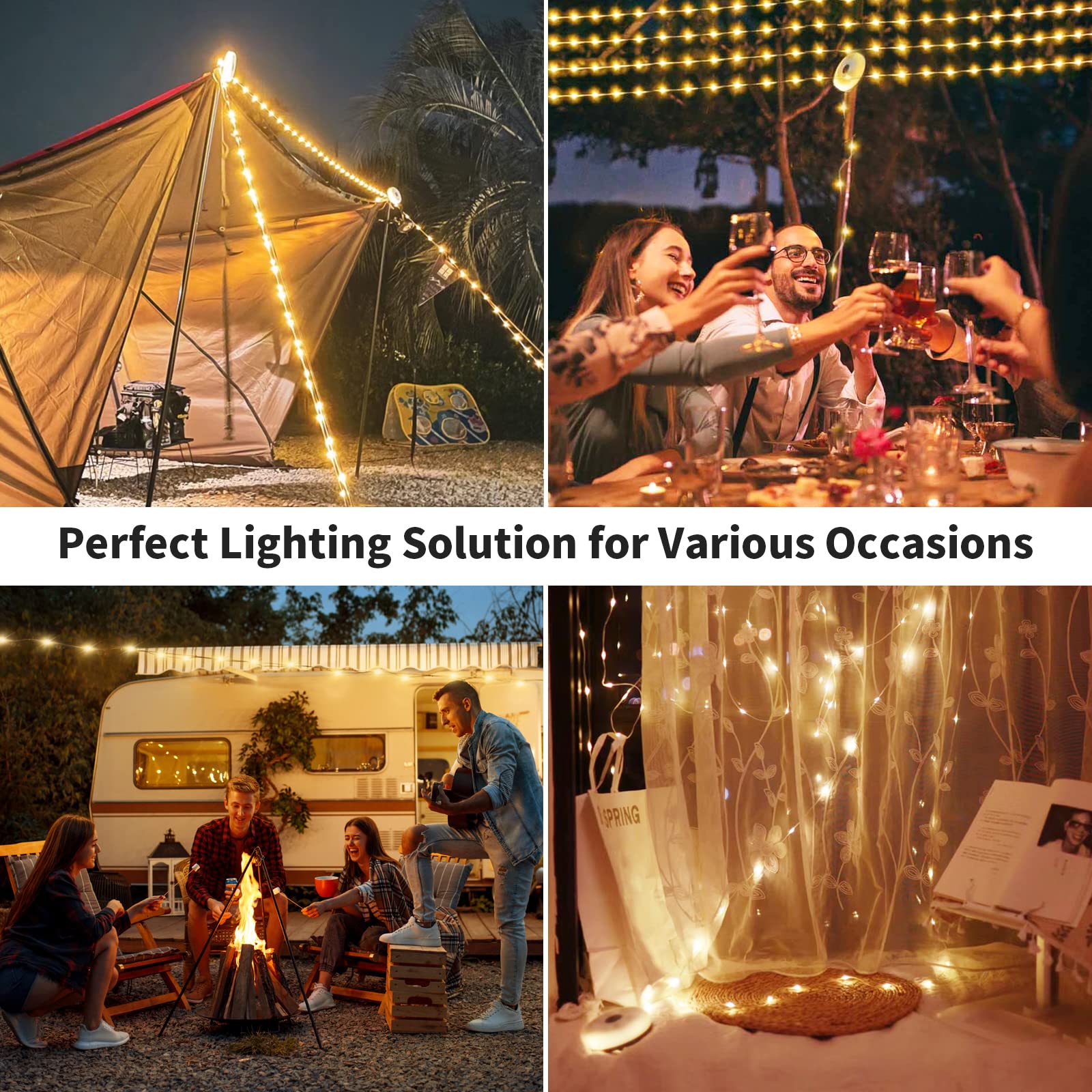HAMLITE 32.8Ft Rechargeable USB Camping String Lights - Waterproof Outdoor 2-in-1 Portable LED Fairy Lights with 5 Lighting Modes for Camping, Backyard, Hiking, Christmas Decorations & Party Lighting
