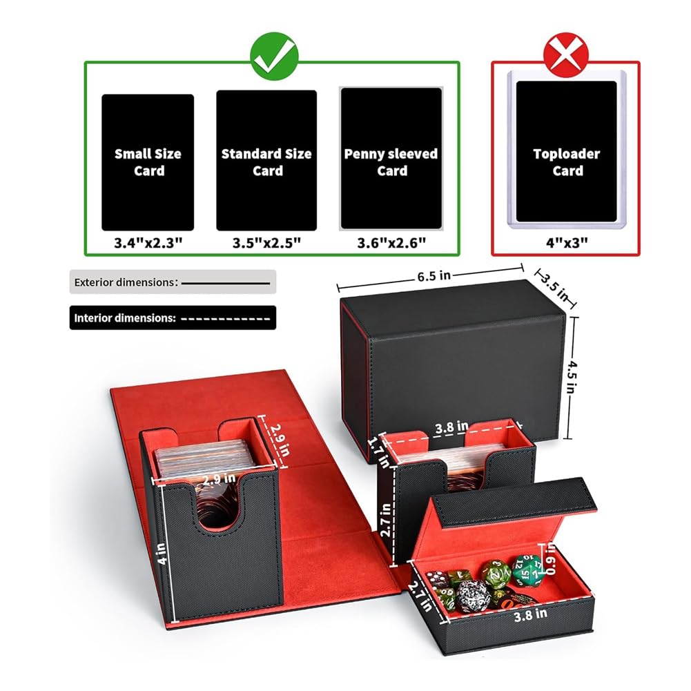 Premium Lozjokad Card Deck Box with Flip Dice Tray - Durable Storage Case for MTG, Pokemon & Sports Playing Cards (Black+Red) - Perfect for Game Nights, Travel & Card Collection Organization