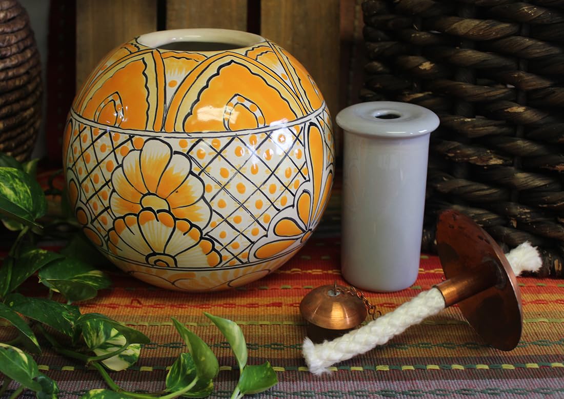 Hand Painted Mexican Ceramic Table Torch - Yellow Monochrome Decorative Candle Holder for Patio, Garden & Outdoor Dining