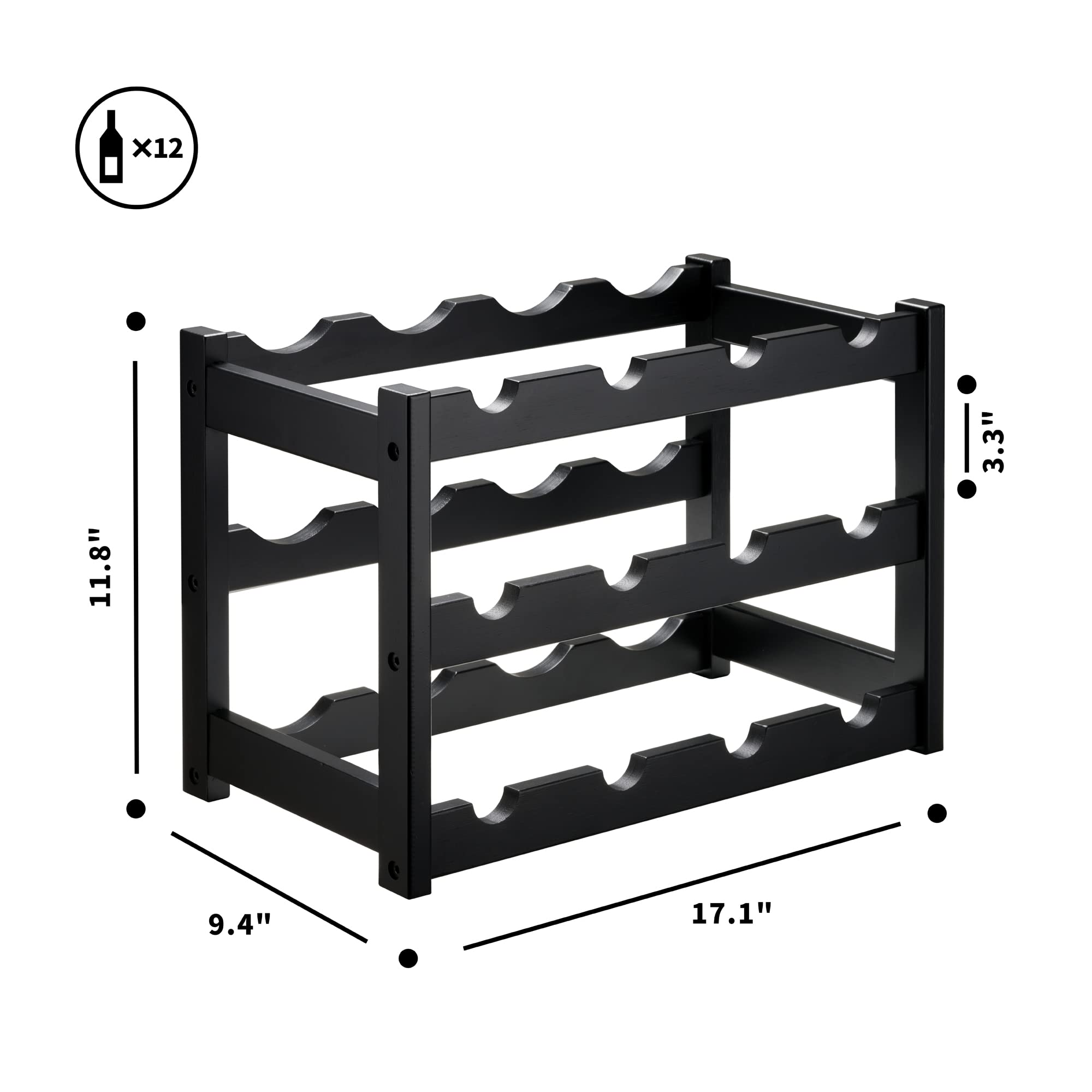 VASMIA 3-Tier Bamboo Wine Rack - Holds 12 Bottles, Sturdy & Durable Wine Storage Cabinet for Kitchen, Pantry, Bar Countertop - Black | Perfect for Home Entertaining, Wine Cellar Organization & Space Saving Storage