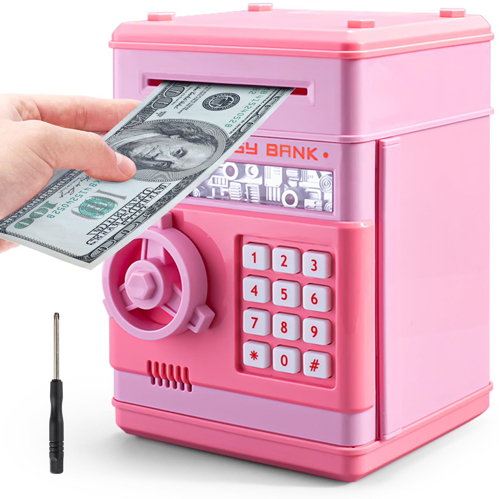 PhilaeEC Electronic ATM Piggy Bank with Password & Auto Money Scroll - Pink Cash Coin Saving Box for Kids | Perfect Birthday Gift for Girls & Boys | Fun Way to Teach Money Saving at Home & School