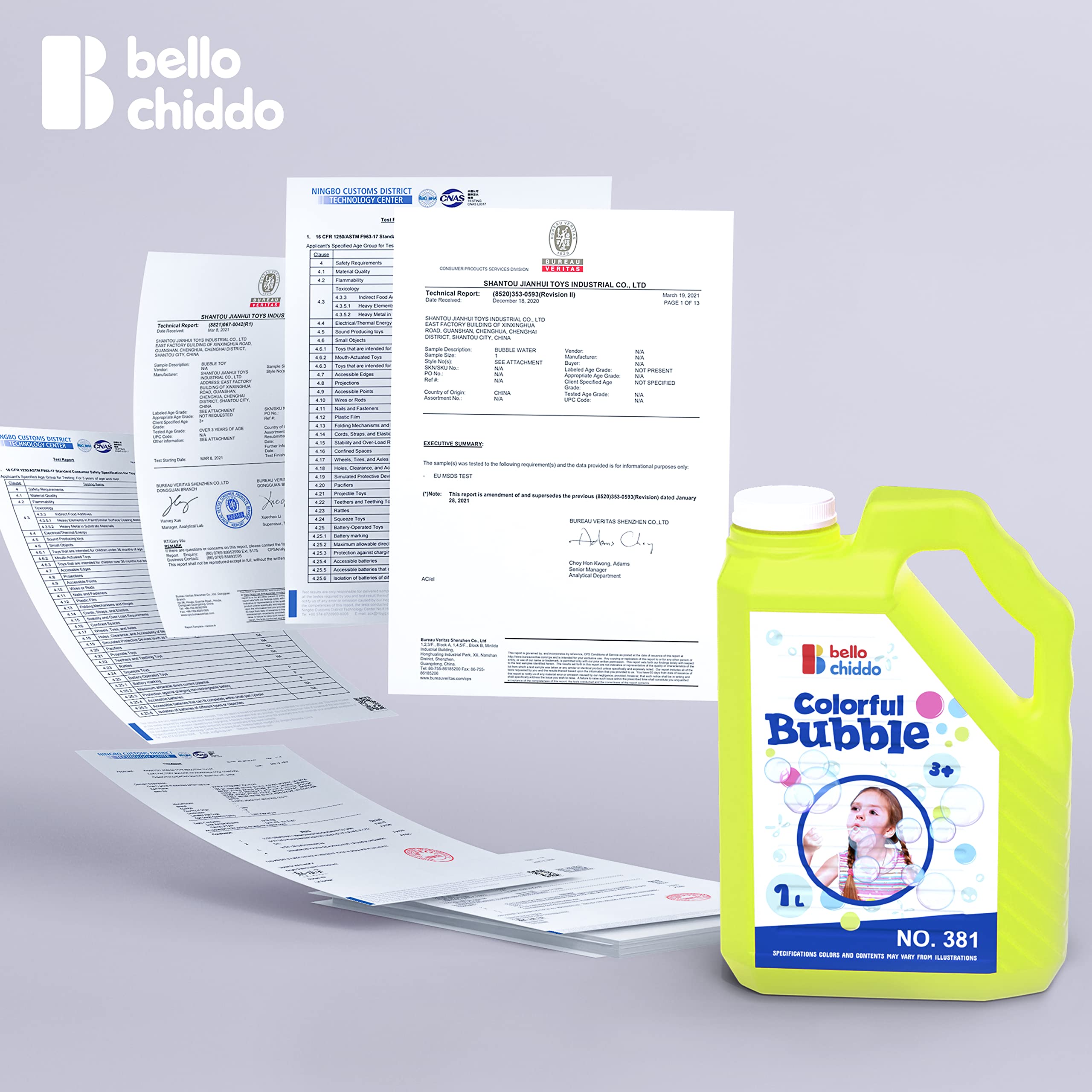 BELLOCHIDDO Bubble Solution Refill 1L/33.8 oz - Large Size for Bubble Guns, Wands, Blowers & Machines - Non-Toxic Bubble Liquid for Kids Ages 3+ (Yellow) - Perfect for Outdoor Play, Birthday Parties & Backyard Fun