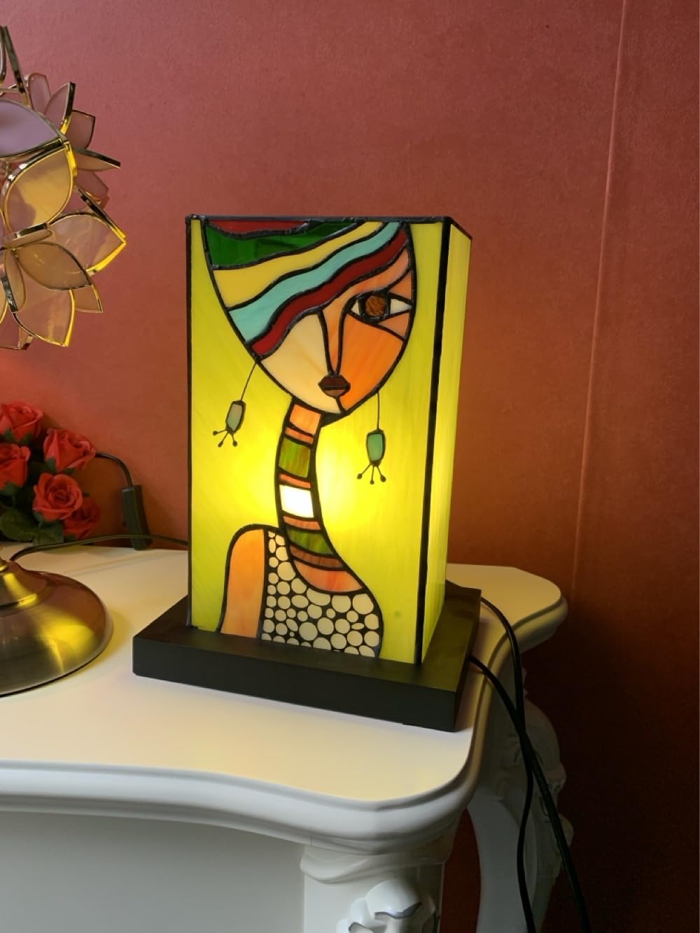 Tiffany Style Small Night Light Table Lamp - Handmade Stained Glass Shade with Wood Base, Cuboid Square Abstract Design for Living Room, Bedroom & Nightstand | Decorative Lighting for Home Decor, Gift Idea