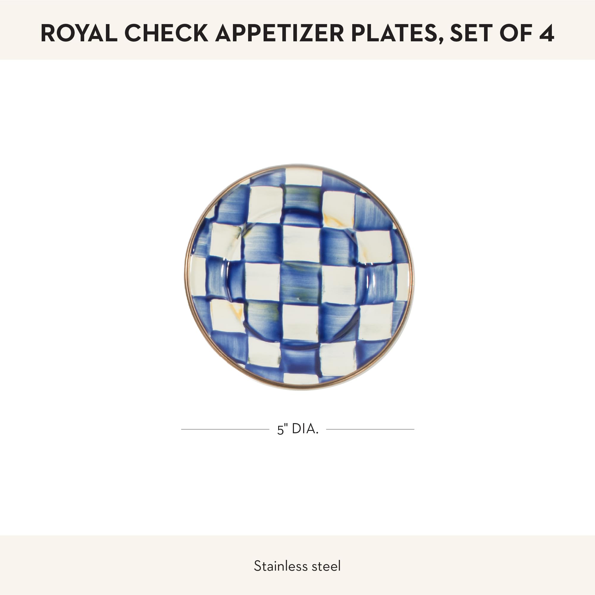 MACKENZIE-CHILDS 4-Piece Blue and White Royal Check Enamel Appetizer Plates Set - 5 Inch Mini Dessert Plates for Parties, Tea Time & Elegant Dining