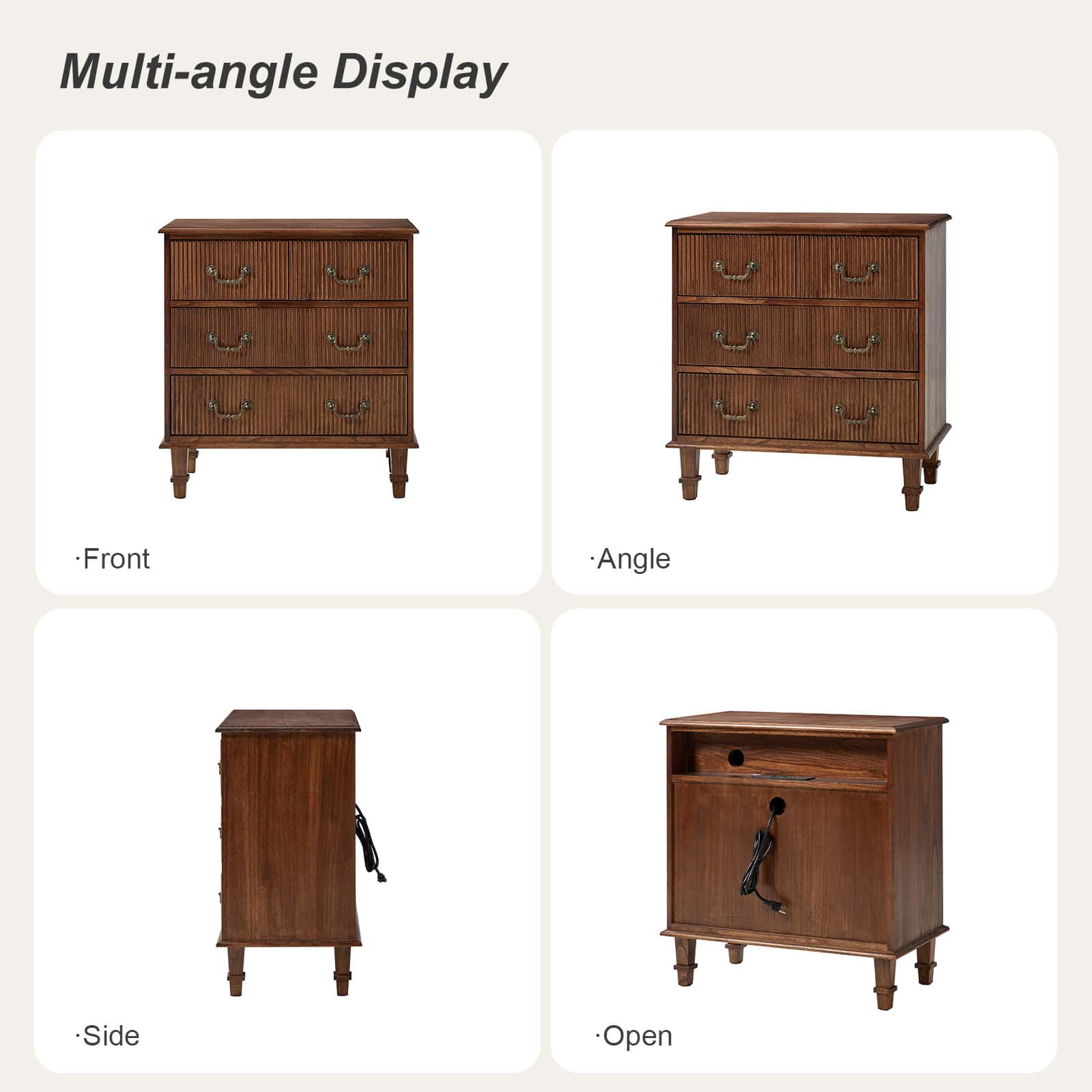 Rustic 3-Drawer Nightstand with USB Charging Station - Solid Wood Bedside Table for Bedroom, Living Room & Guest Room | Galatea Optional Types