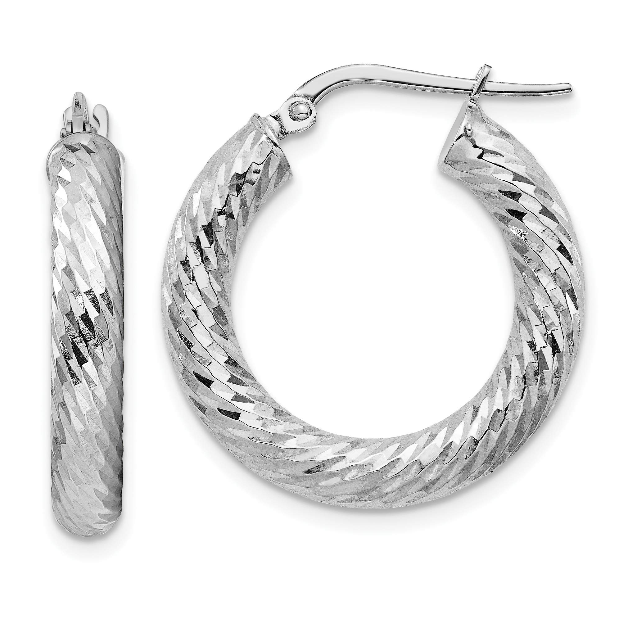 14K White Gold 4x15mm Diamond-Cut Round Hoop Earrings for Women - Elegant Everyday & Party Jewelry Gift