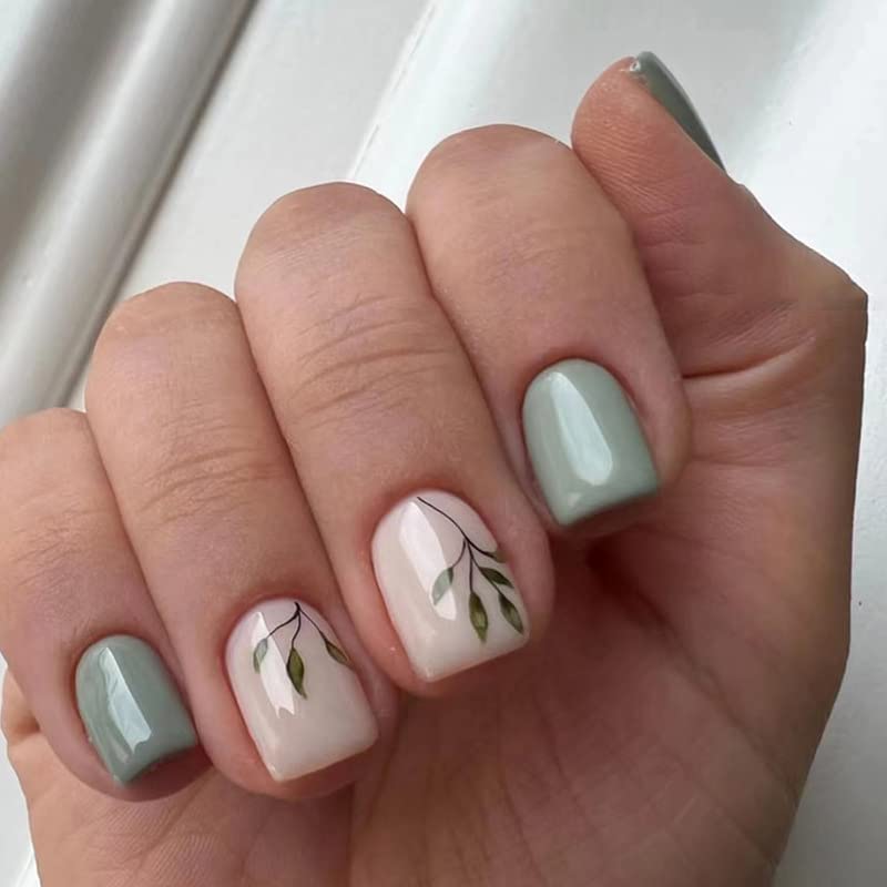 24 PCS Green Leaf Press on Nails - Short Square Glossy Fake Nails with Pink Acrylic & Leaf Designs - Reusable Full Cover False Nails for Women & Girls - Perfect for Manicure, Parties, Weddings & Daily Wear