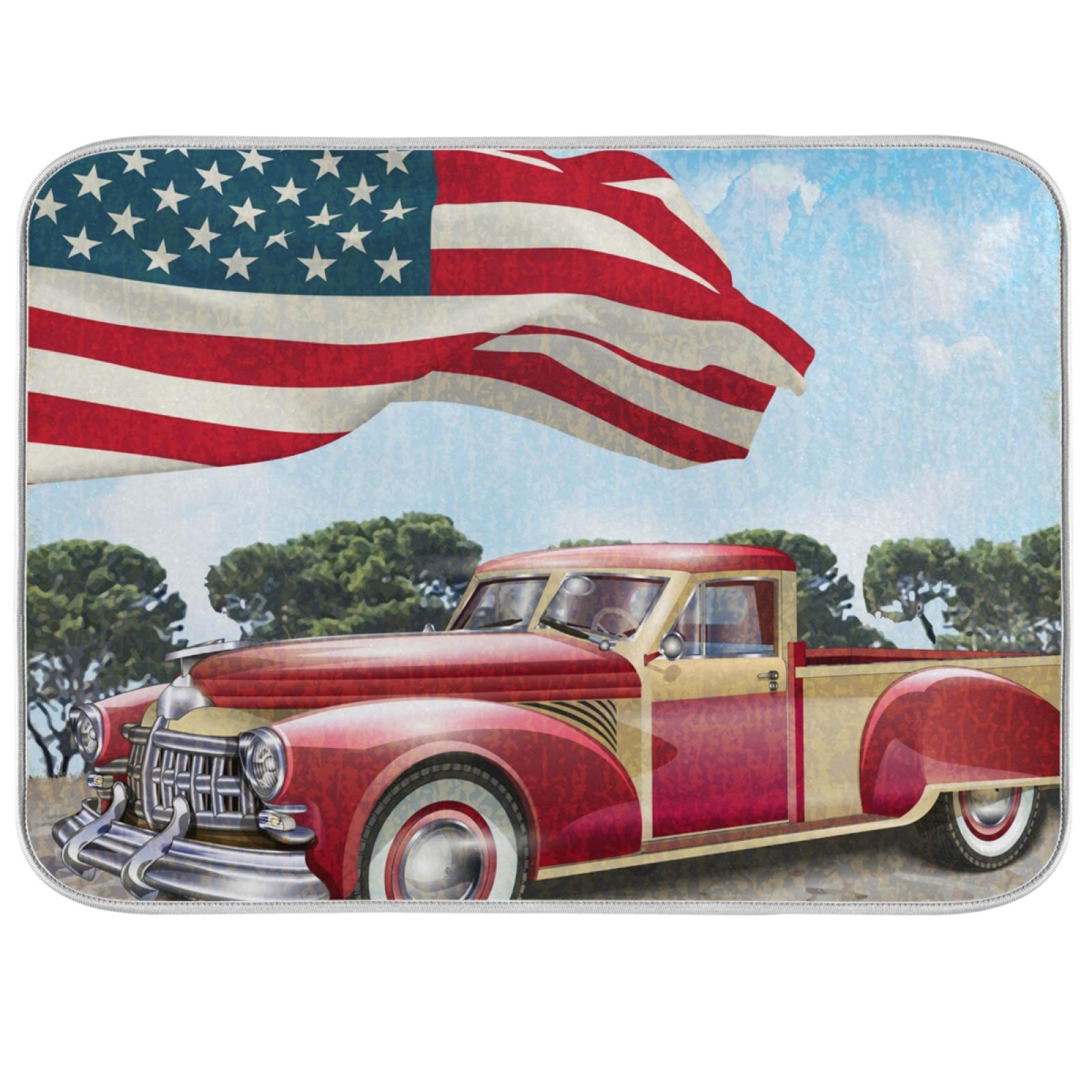 Vintage Red Truck Dish Drying Mat - 16x18 Inch, Heat Resistant & Absorbent for Kitchen Sink Countertops - Perfect for American Decor & Dish Drainer