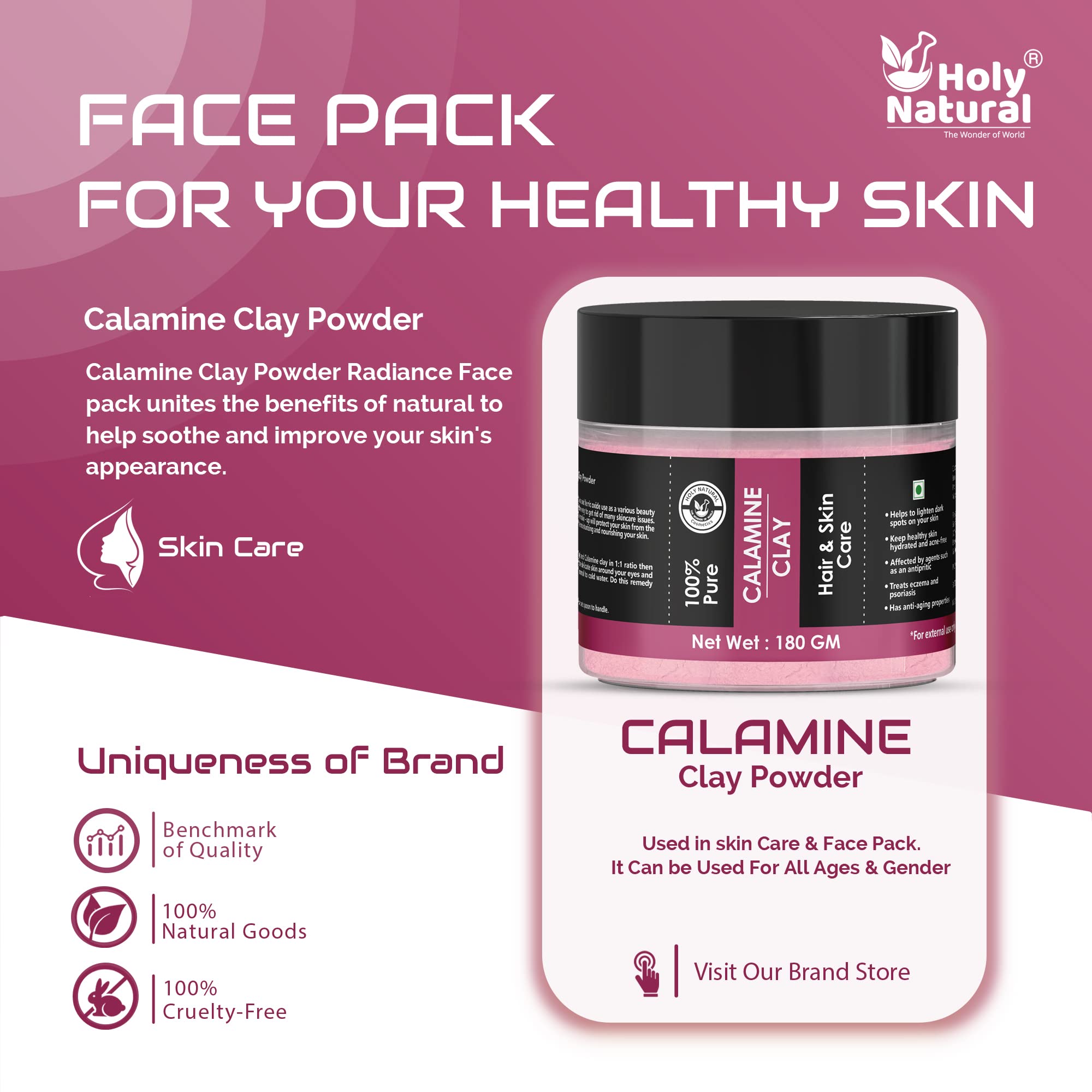 Holy Natural Calamine Clay Powder (180g) - Face & Skin Treatment for Acne, Brightening & Glowing Skin | DIY Face Mask & Pack | Perfect for Oily Skin, Pore Cleansing & Spa Days
