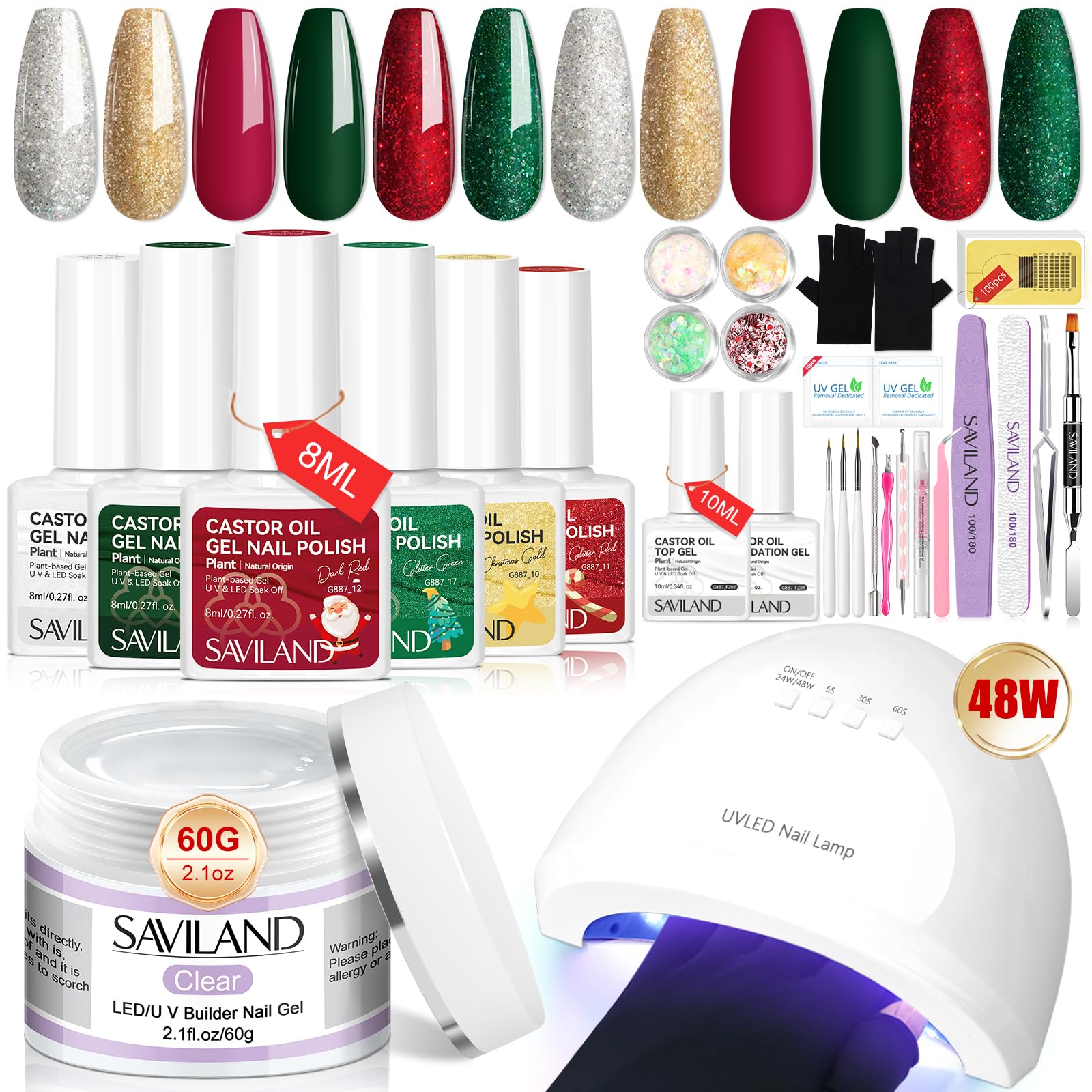 SAVILAND Christmas Gel Nail Polish Kit - 6 Colors UV/LED Nail Polish Set with Builder Gel & UV Protection Gloves (2.12oz) | Holiday Nail Art, DIY Manicure, Salon Quality, Gift for Nail Techs | Perfect for Christmas Parties, Home Manicures & Professional Nail Salons